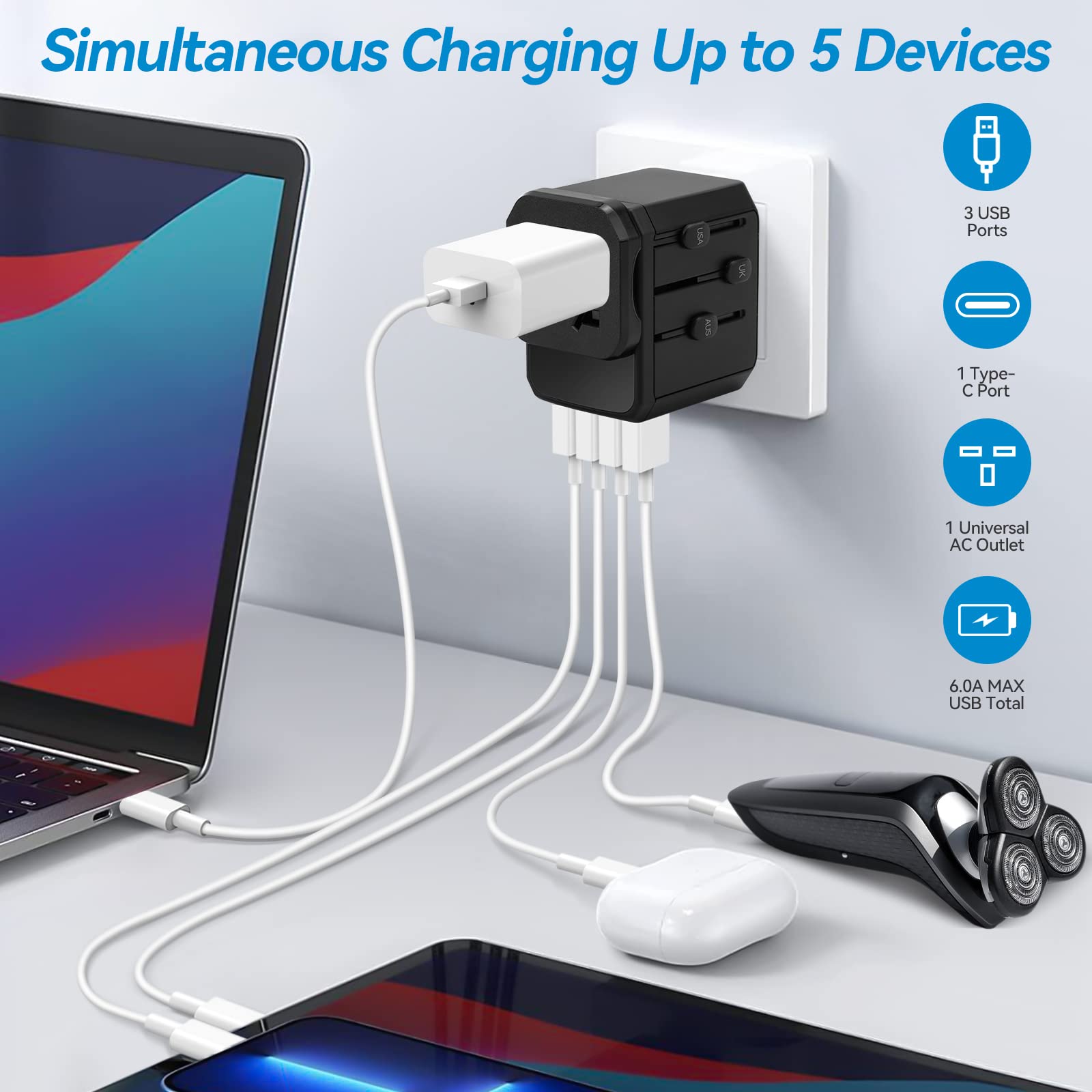 Universal Travel Adapter - Worldwide All-in-One Power Plug Converter for International Travel - Compact, Lightweight & Portable - Perfect for Business Trips, Vacations & Overseas Adventures (Black)