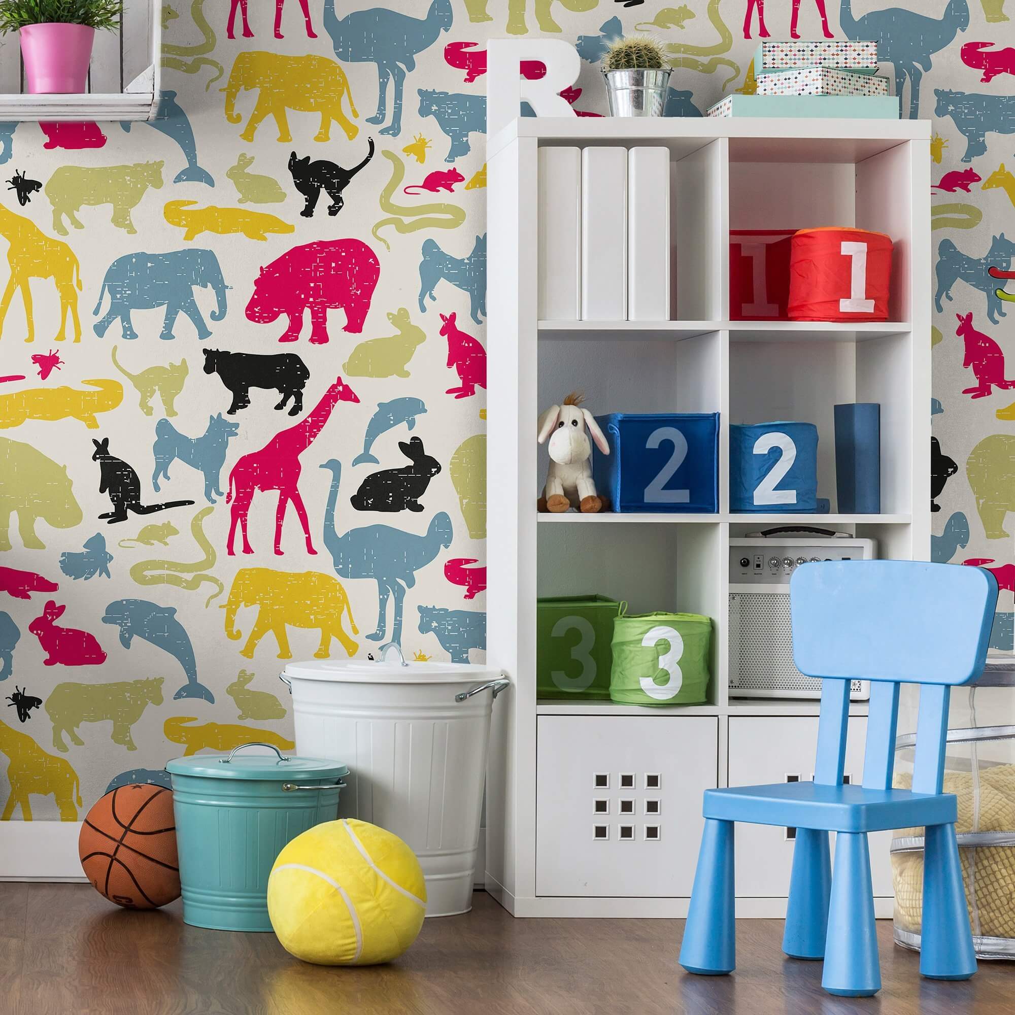Blue and Fuchsia Animal Print Peel & Stick Removable Wallpaper for Kids' Room - 1920 Self-Adhesive Wall Decor for Nursery, Playroom & Bedroom