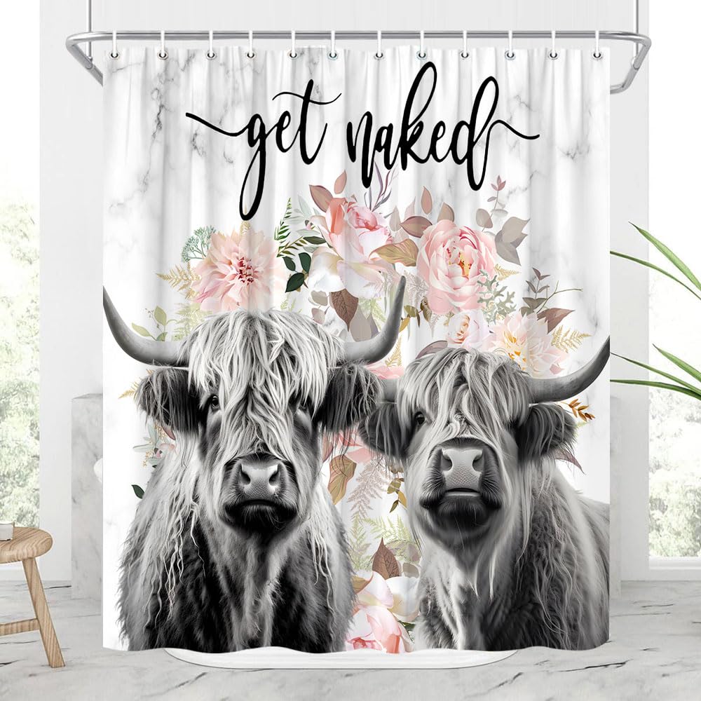 Funny Highland Cow Shower Curtain - Cute Bull Cattle Design with Pink Floral Farmhouse Pattern | 70x70 Inch Polyester Bathroom Set with Hooks | Perfect for Farmhouse, Country or Animal Lover Bathroom Decor