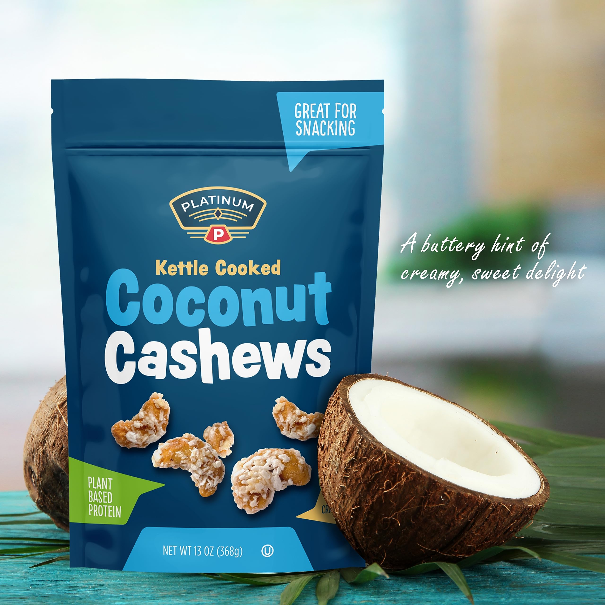 Premium Kettle Cooked Coconut Cashews - Vegan Protein Snack, High Fiber, Gluten-Free, Healthy Nuts for Energy - Resealable 13oz Pouch - Perfect for Home, Office, Gym & School Snacking