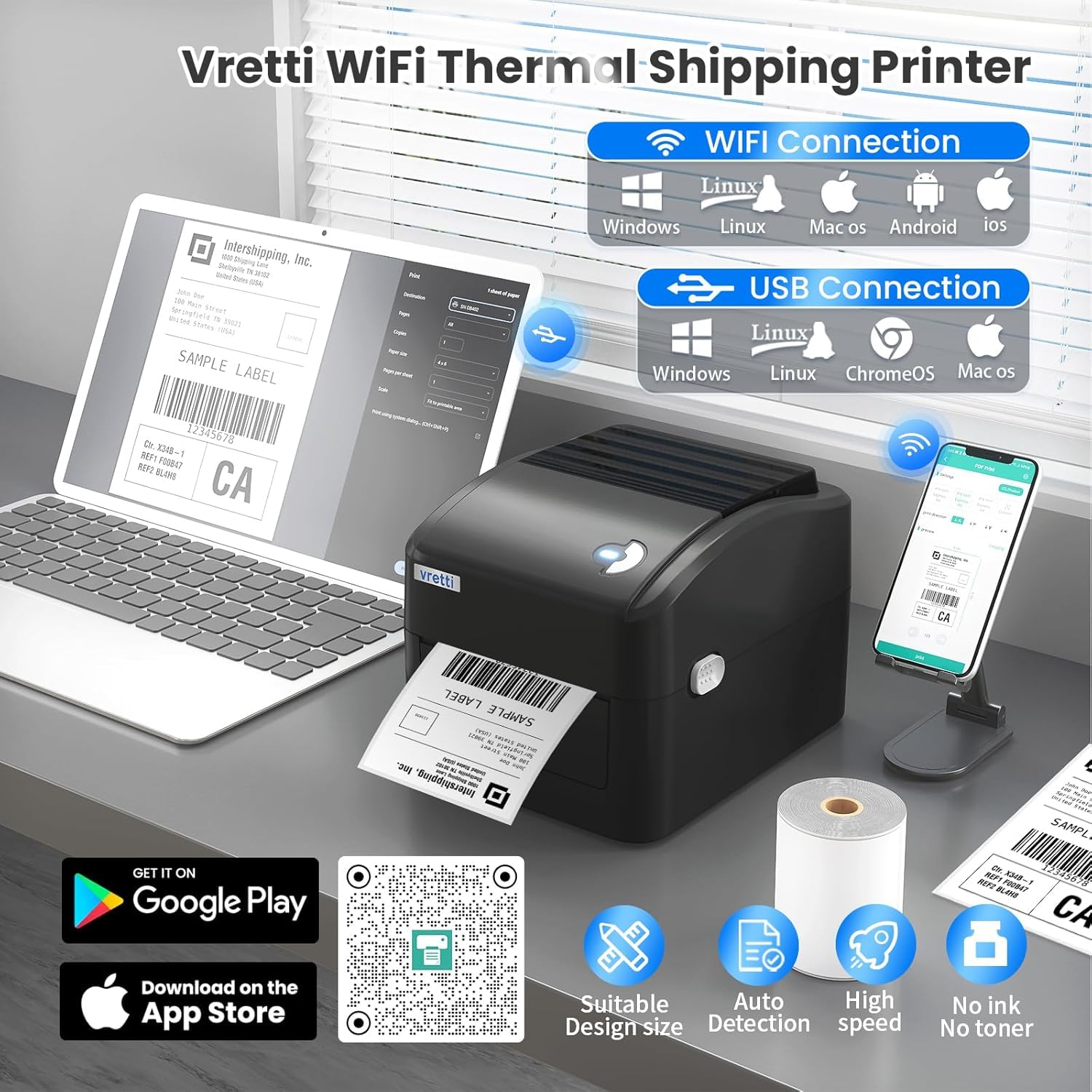 VRETTI Wireless Thermal Label Printer 4x6 - 5G Wi-Fi High Speed Shipping Label Printer for Small Business & Packages | Compatible with USPS, Canada Post, iPhone, Android, Windows & Mac | Ideal for E-commerce, Warehouse & Home Shipping