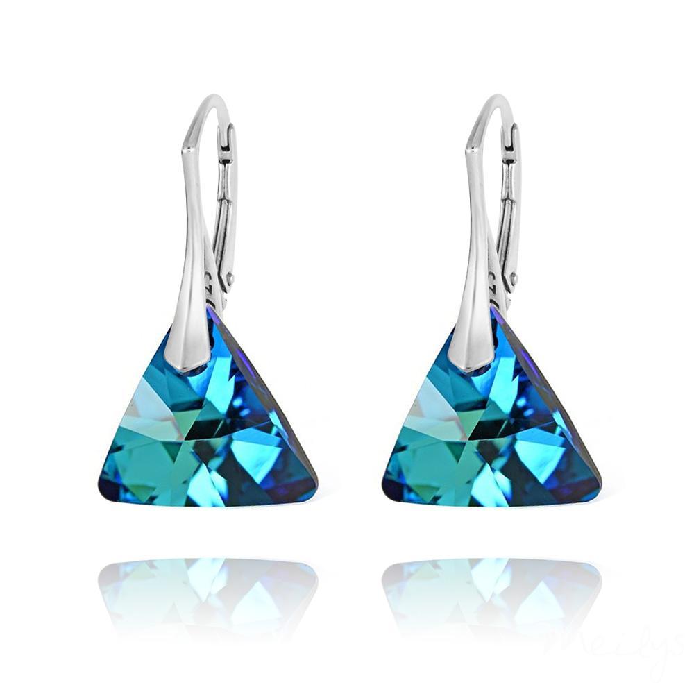 Bermuda Blue Leverback Triangle Silver Earrings with Swarovski Crystal | Elegant Dangle Earrings for Women | Perfect for Parties, Weddings & Evening Events