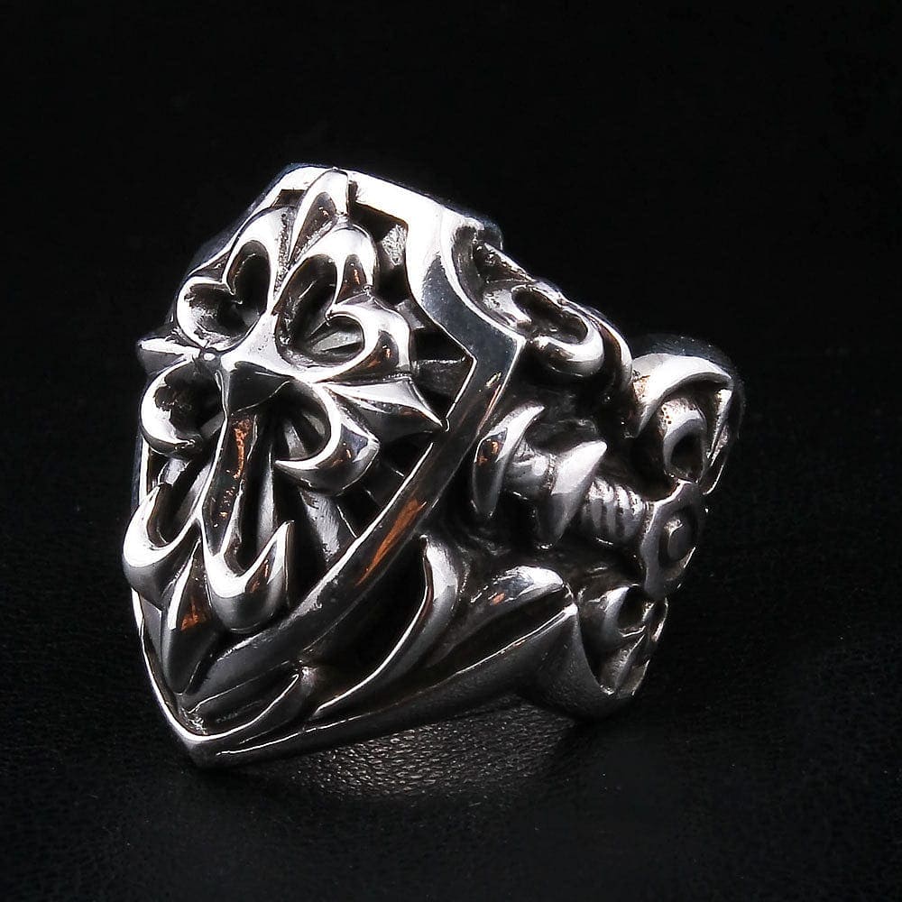 Large Cross Sterling Silver Men's Biker Ring - Gothic Punk Jewelry for Motorcycle Riders & Rock Fashion Enthusiasts