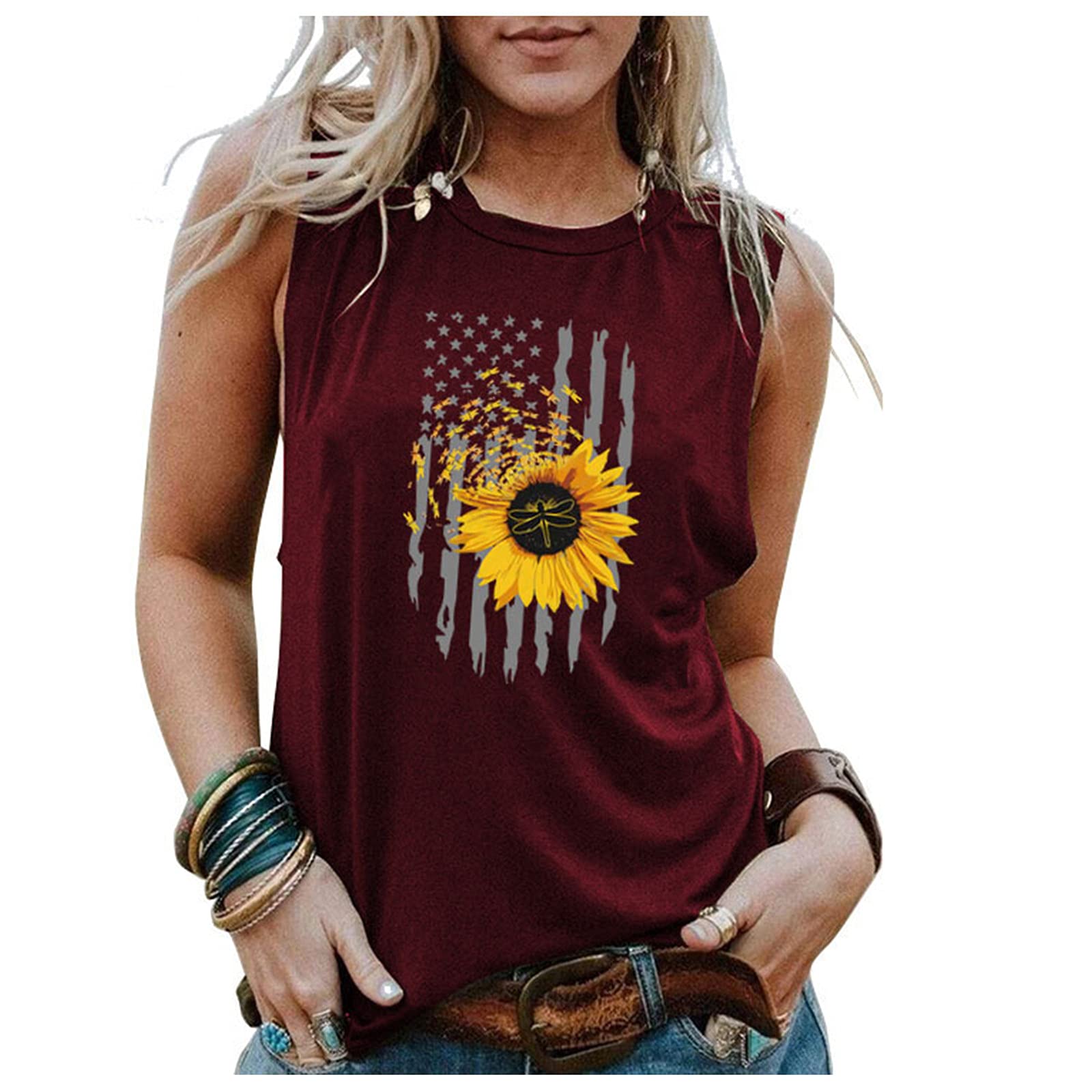 American Flag Print Women's Sleeveless Tank Tops - Large Size Independence Day Ribbed Vest with Round Neck | Perfect for 4th of July Celebrations, Summer Outfits & Patriotic Events