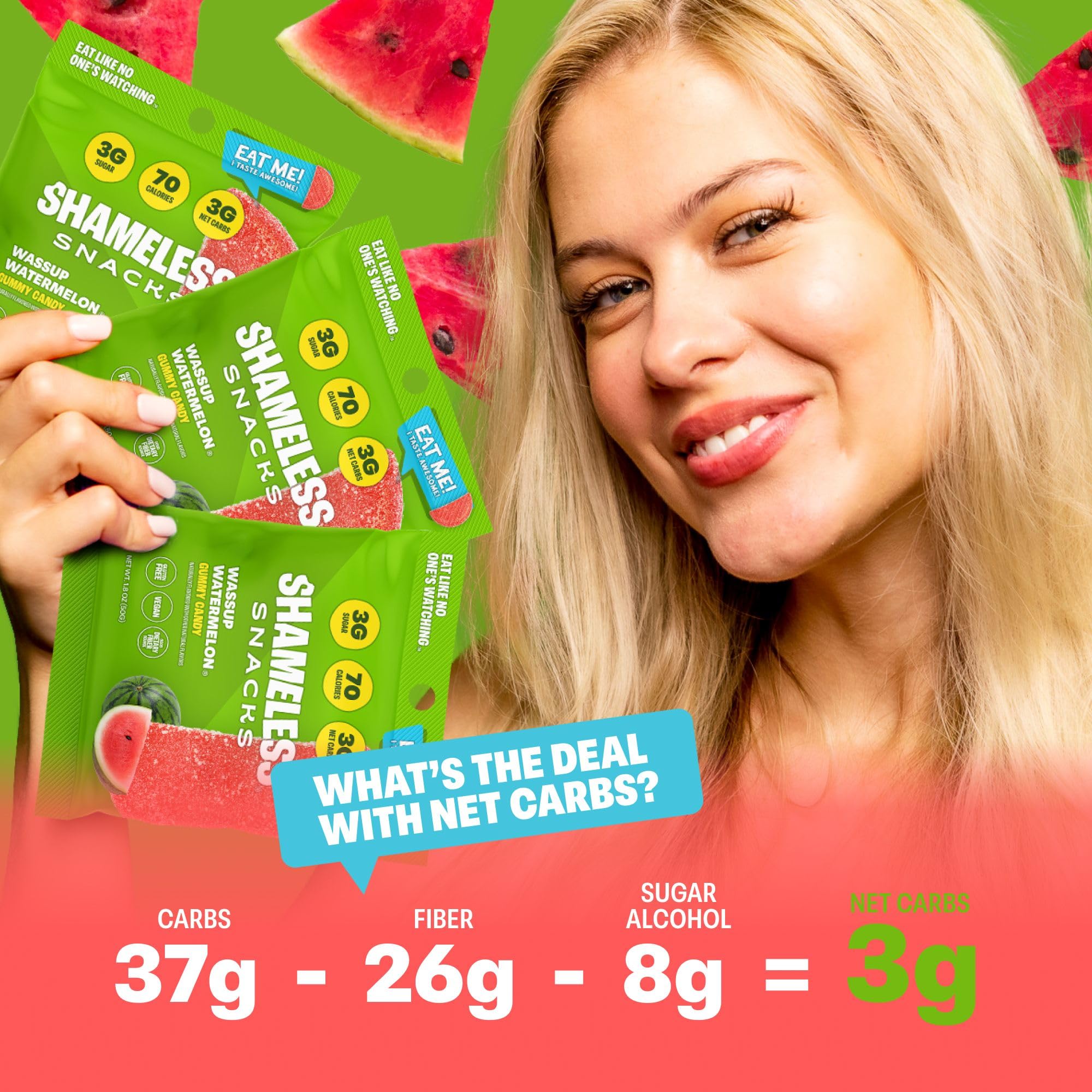 Shameless Snacks - Healthy Low Calorie Keto Gummies, Sugar Free & Gluten Free Candy - 6 Pack Wassup Watermelon Flavor | Perfect for Weight Loss, Keto Diet & On-the-Go Snacking