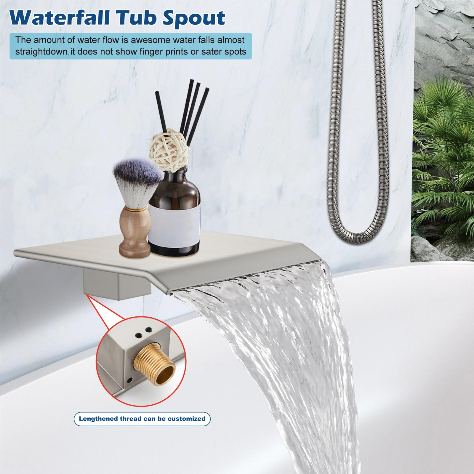 Midanya 8 Inch Brushed Nickel Rain Shower System - Square Rainfall Shower Head with Handheld Sprayer, Waterfall Tub Spout & Mixer Valve Combo for Bathroom Remodeling | Perfect for Spa-Like Showers and Relaxing Baths