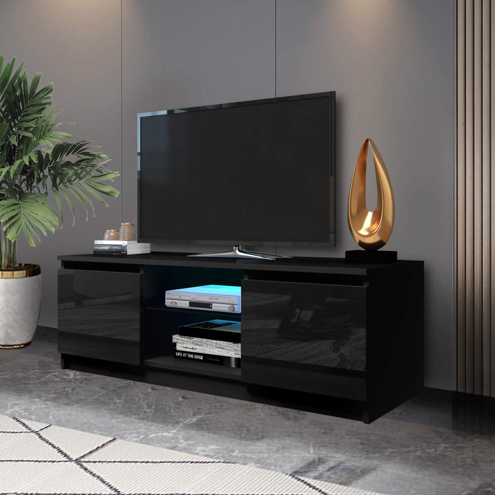 55 Inch Modern TV Stand with LED Lights - High Gloss Entertainment Center with 2 Storage Drawers - Black Media Console for Living Room (Perfect for Home Theater & Family Movie Nights)
