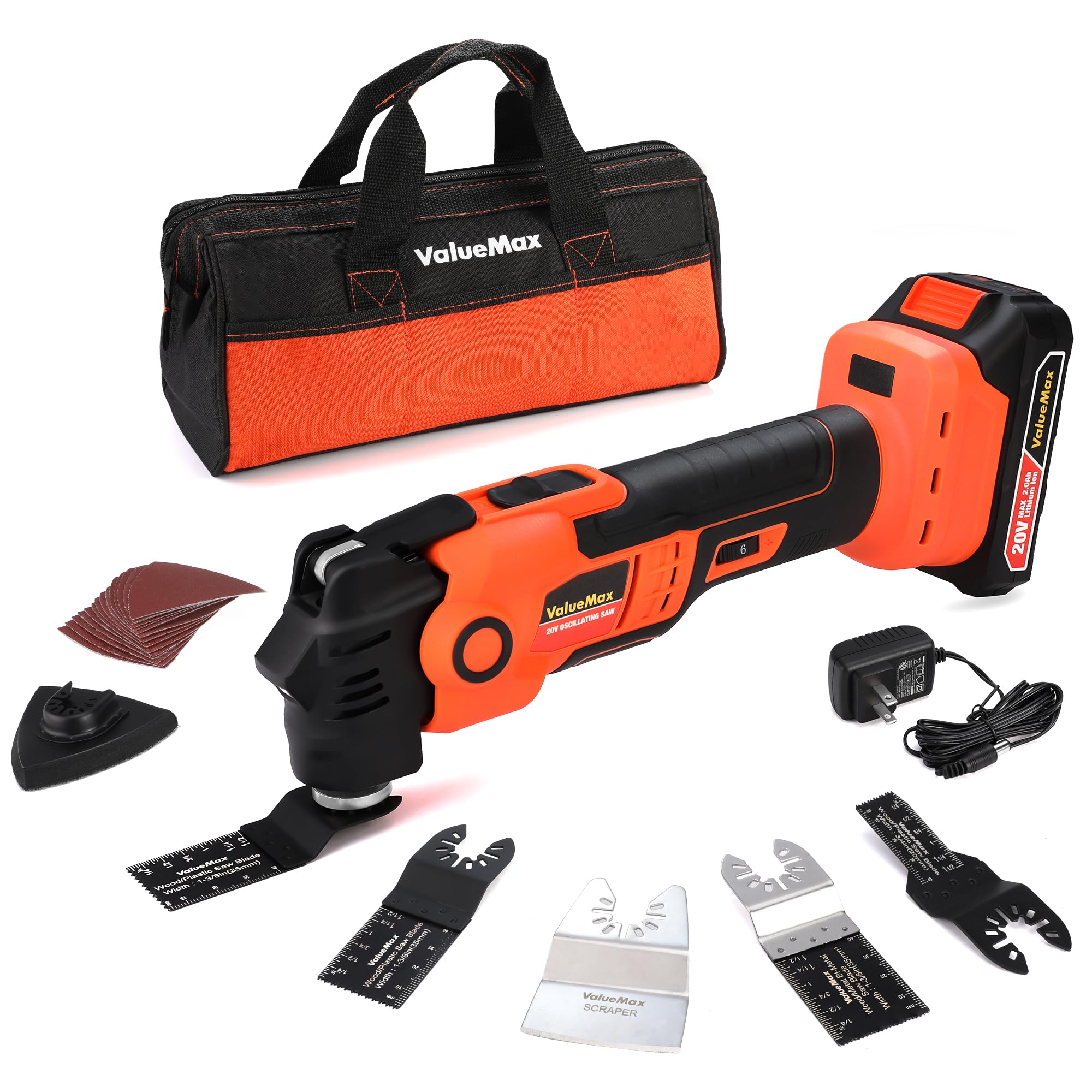 ValueMax 20V Cordless Oscillating Multi Tool Kit with 3.6° Oscillation Angle & 6 Speed Settings - Includes Quick-Change System, 16PCS Saw Blades & Carrying Case - Perfect for DIY Projects, Woodworking, Metal Cutting & Home Renovations