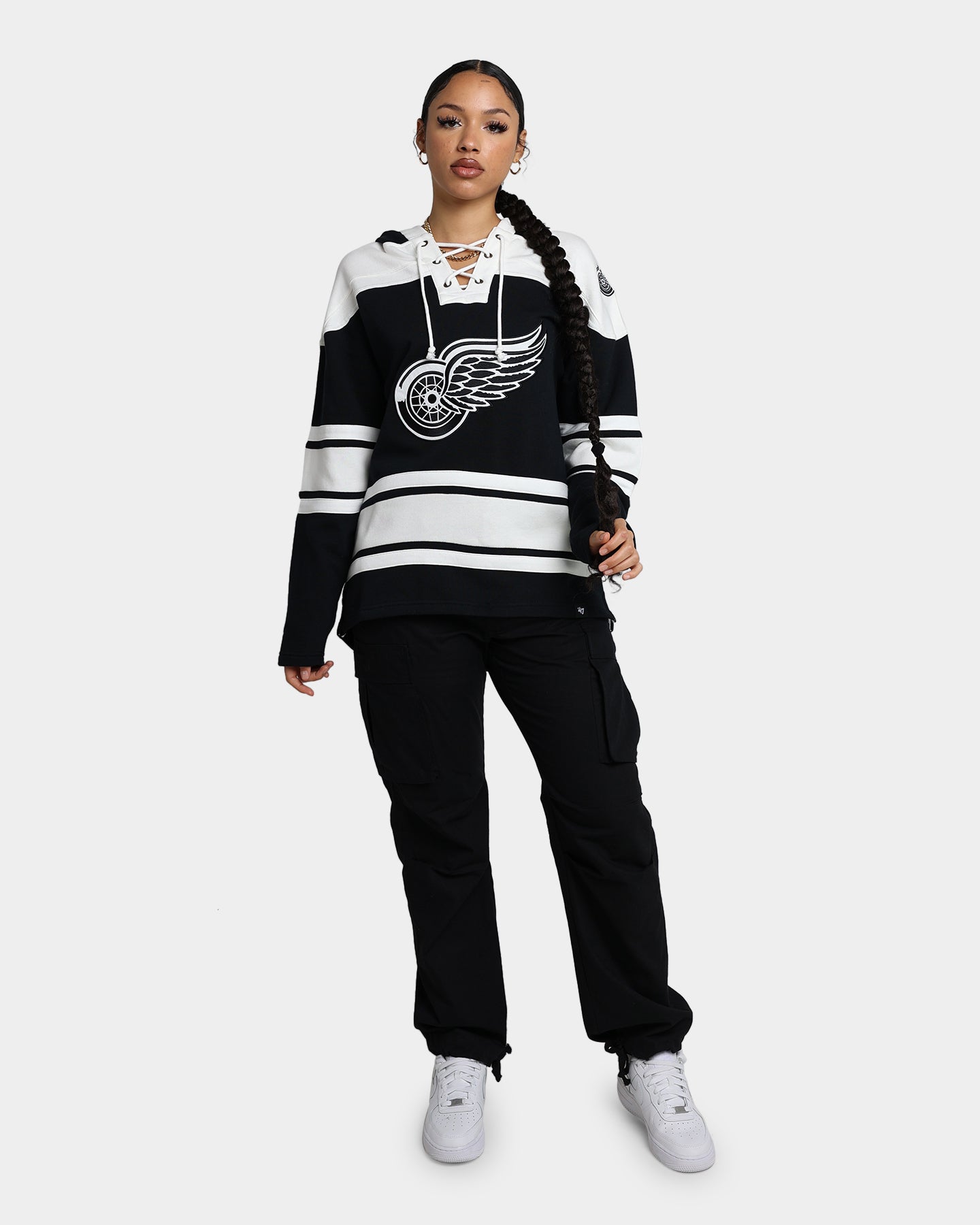 47 Brand Detroit Red Wings Superior Lacer Hoodie - Men's Premium Pullover Sweatshirt - Jet Black - Perfect for Game Day & Casual Wear