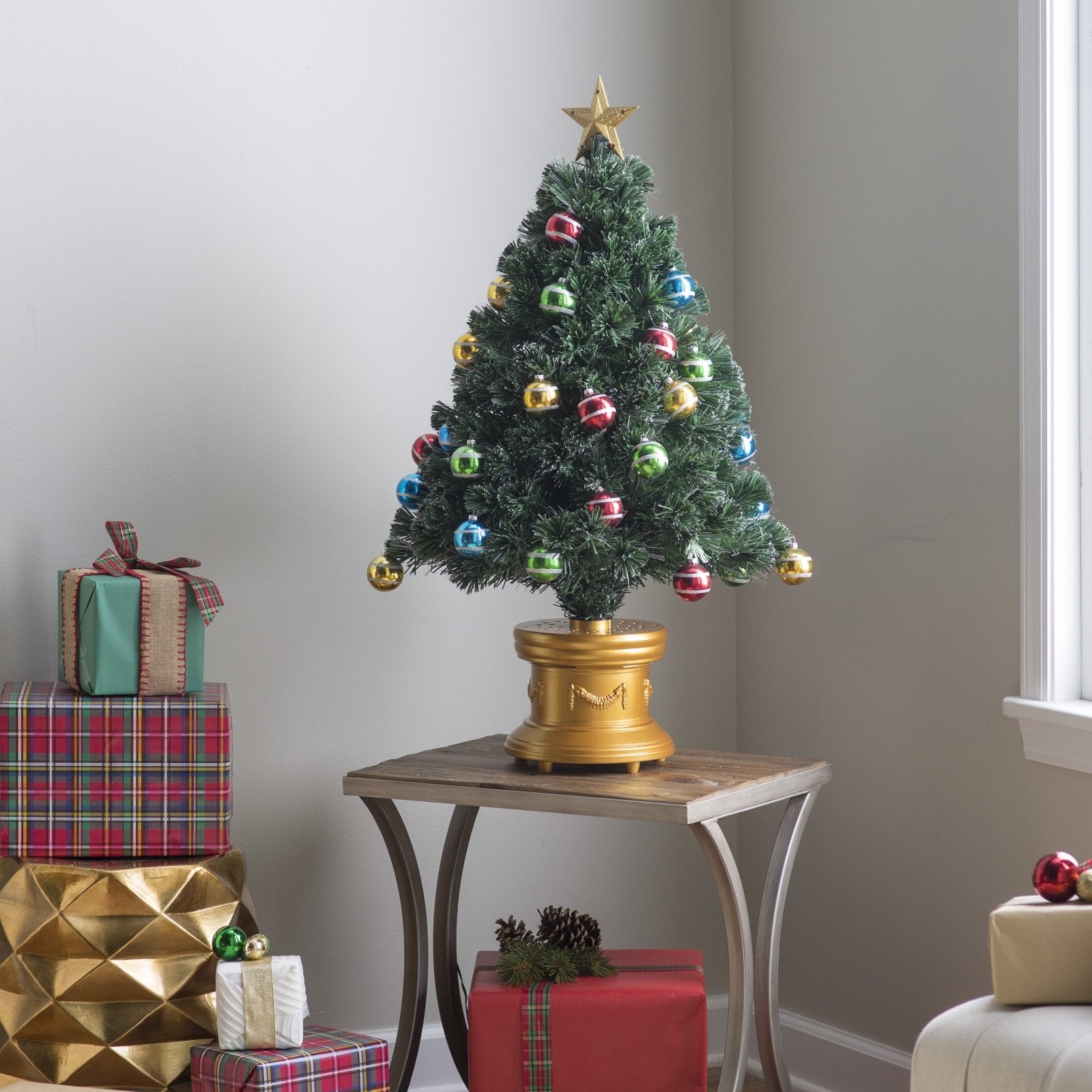 3' Fiber Optic Fireworks Artificial Christmas Tree with Glittered Ball Ornaments - Perfect for Holiday Decor, Home, Office & Party Decorations
