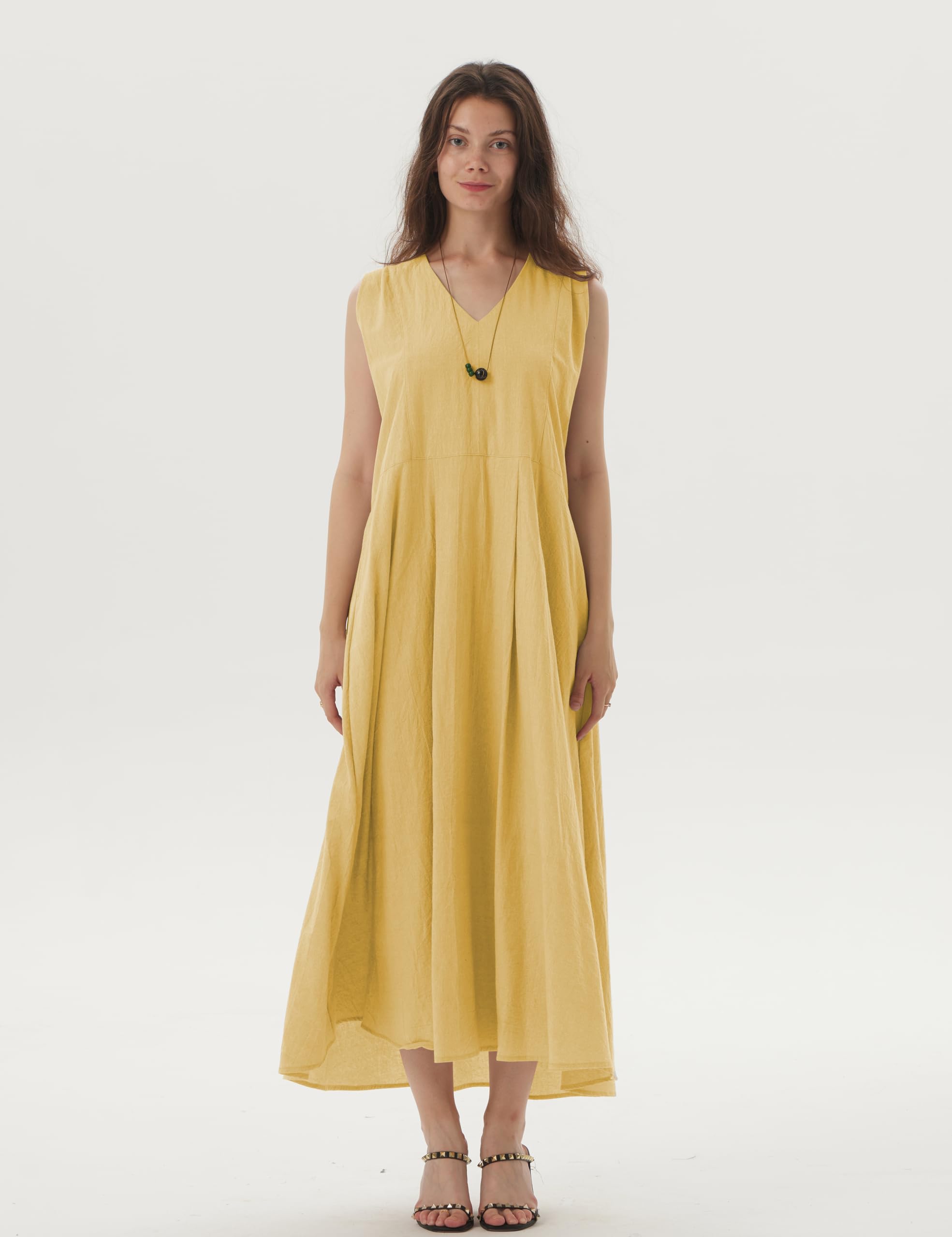 Women's Summer Sleeveless V-Neck Linen Dress - Minimalist Casual Solid Yellow Sundress for Beach Vacation & Outdoor Parties (Size S)