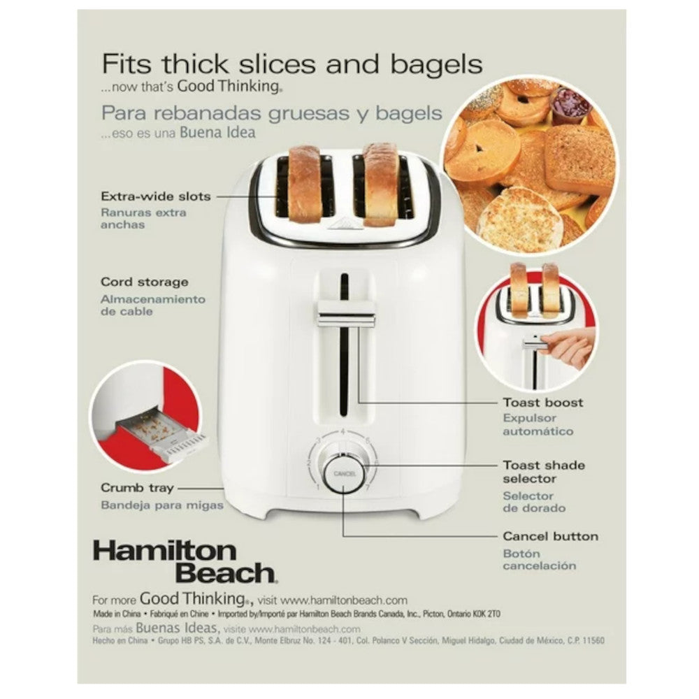 Hamilton Beach 22218 2-Slice Toaster - White - Compact Countertop Appliance for Quick Breakfast, Bagels & Pastries - Perfect for Small Kitchens, Dorms & Offices