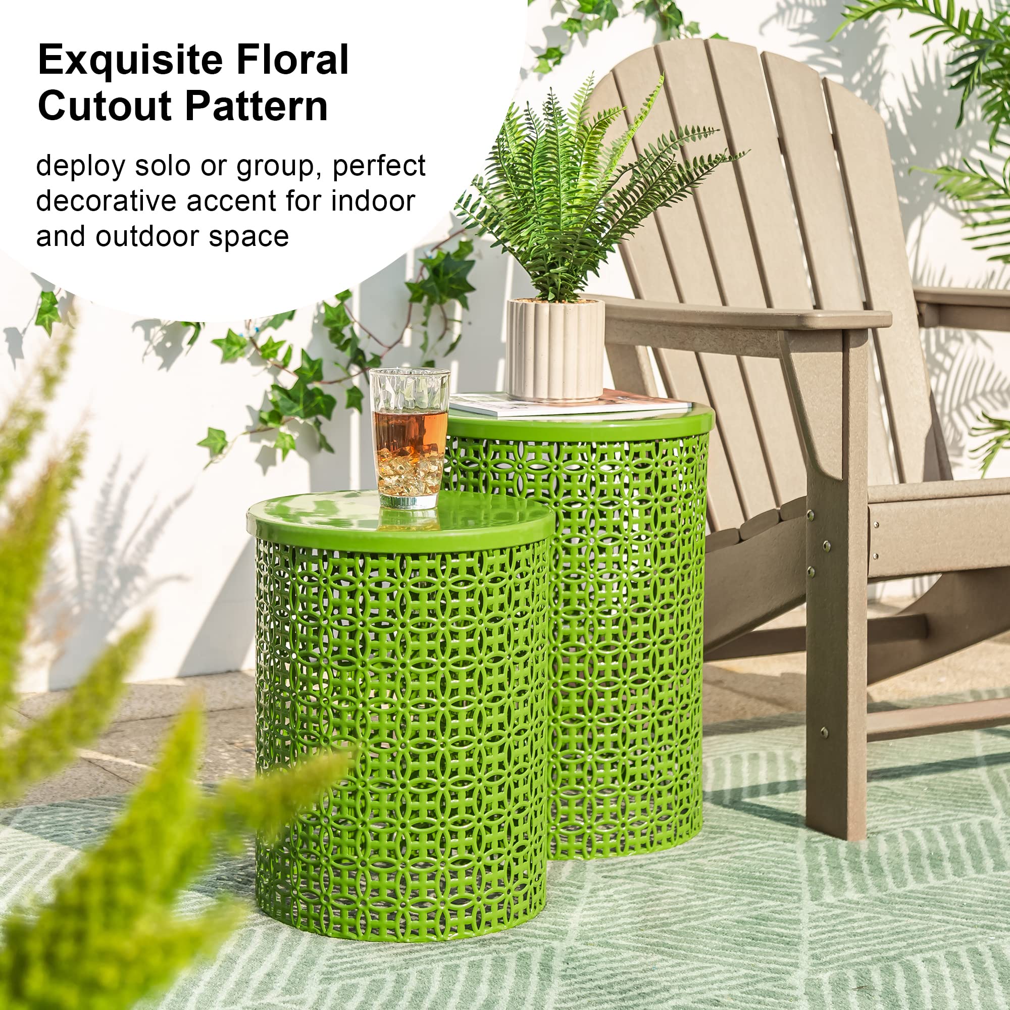 Glitzhome 2-Piece Outdoor Side Table Set - Heavy Duty Metal Frame Garden Stool for Indoor & Outdoor Use, Modern Glossy Green Accent End Table | Perfect for Patio, Deck, Poolside & Living Room Decor
