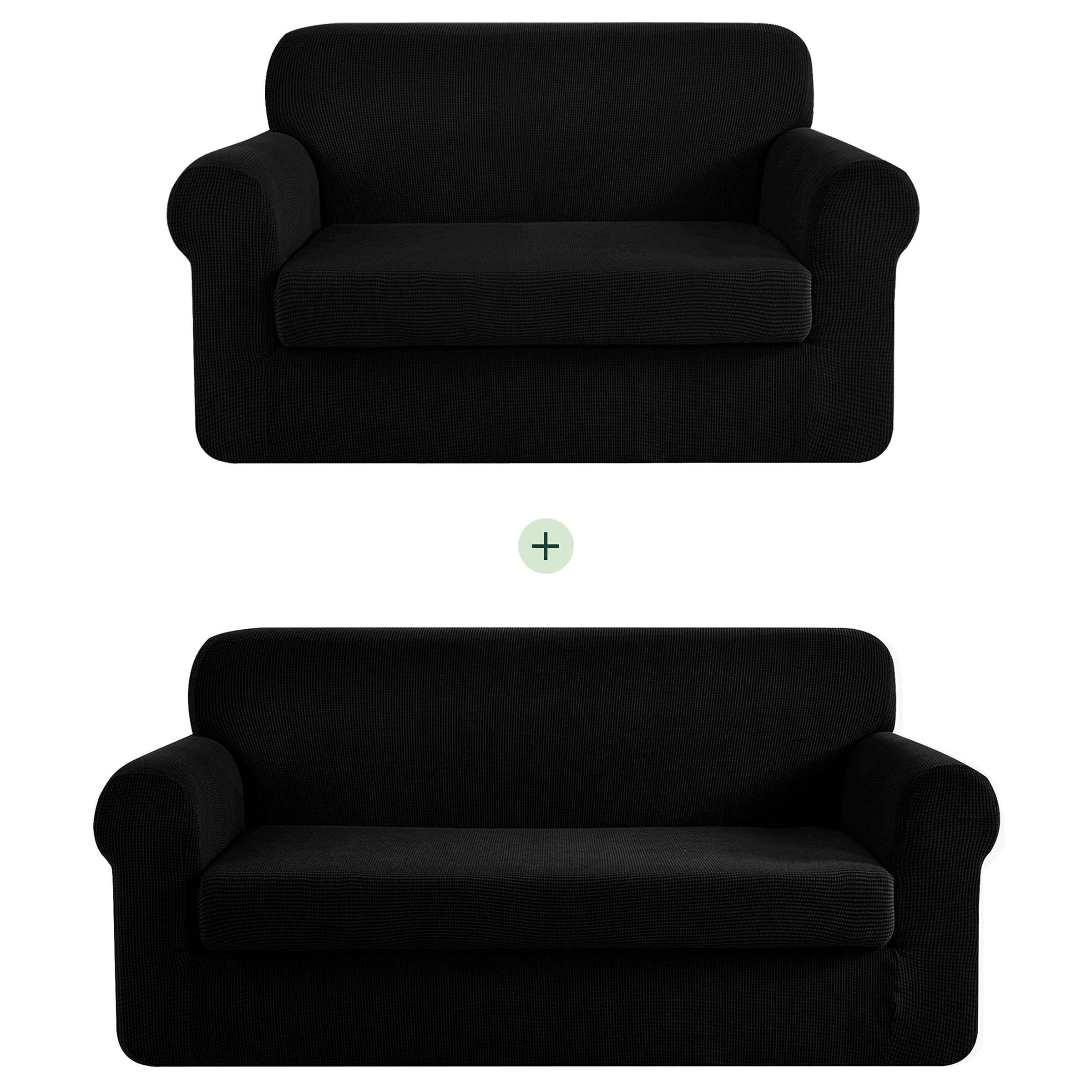 Stretch Sofa Slipcover Set - 2 Piece Jacquard Fabric Couch Cover for 2-3 Seater Loveseat & Sofa, Small Check Pattern (Black) - Perfect for Living Room, Home Decor & Furniture Protection