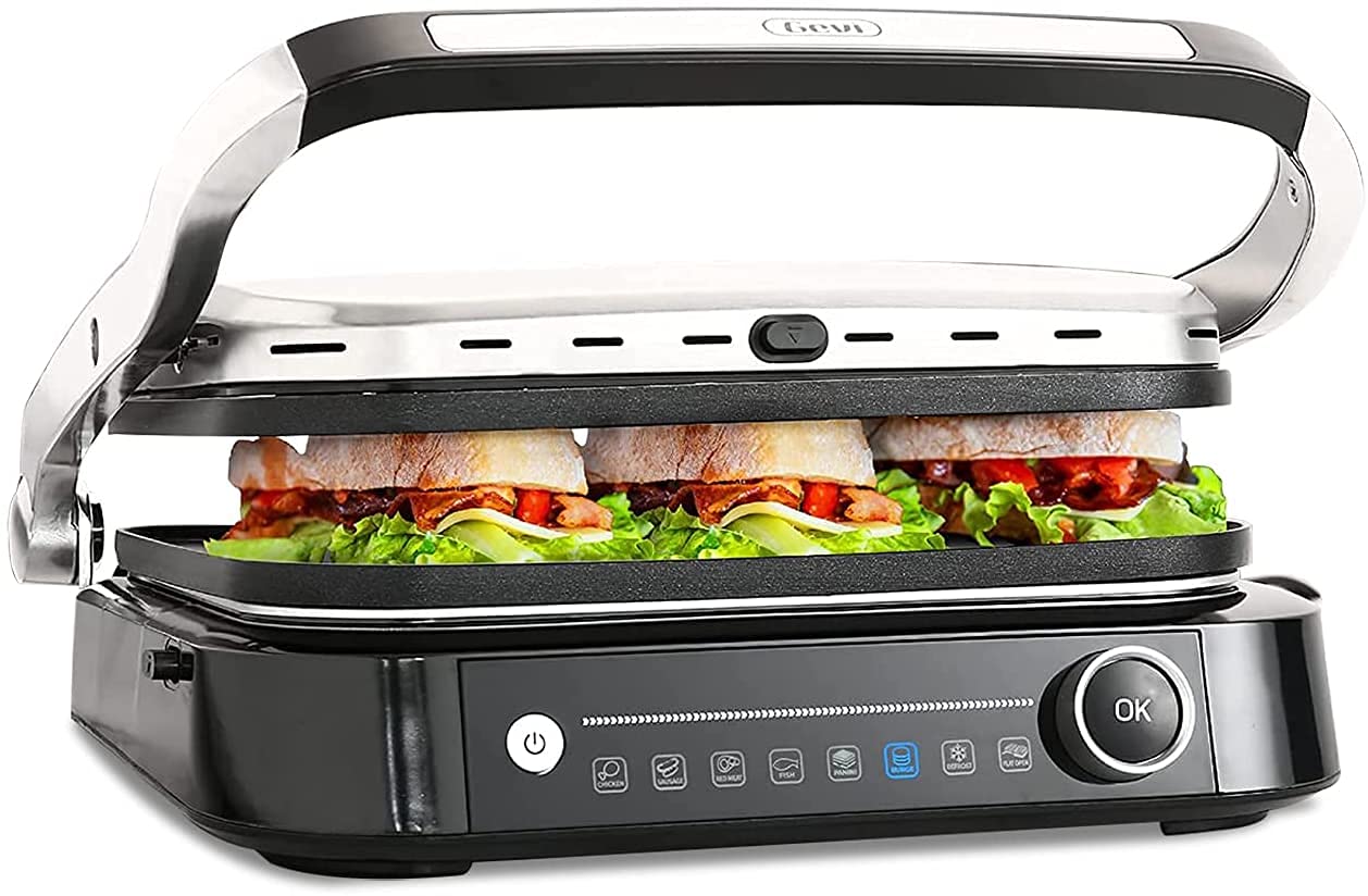 Gevi 7-in-1 Electric Griddle & Air Fryer Combo with 2 Nonstick Plates, Stainless Steel Countertop Grill with Temperature Control - Perfect for Pancakes, Burgers & Family Breakfasts (Silver)