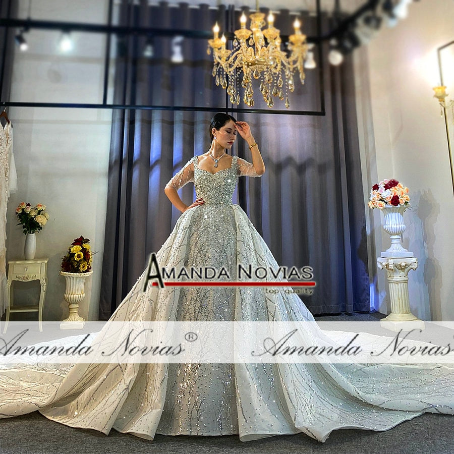 Off-White Silver Beaded Wedding Dress - Amanda Novias Original Bridal Gown for Bride | Perfect for Church Ceremony, Beach Wedding & Formal Reception