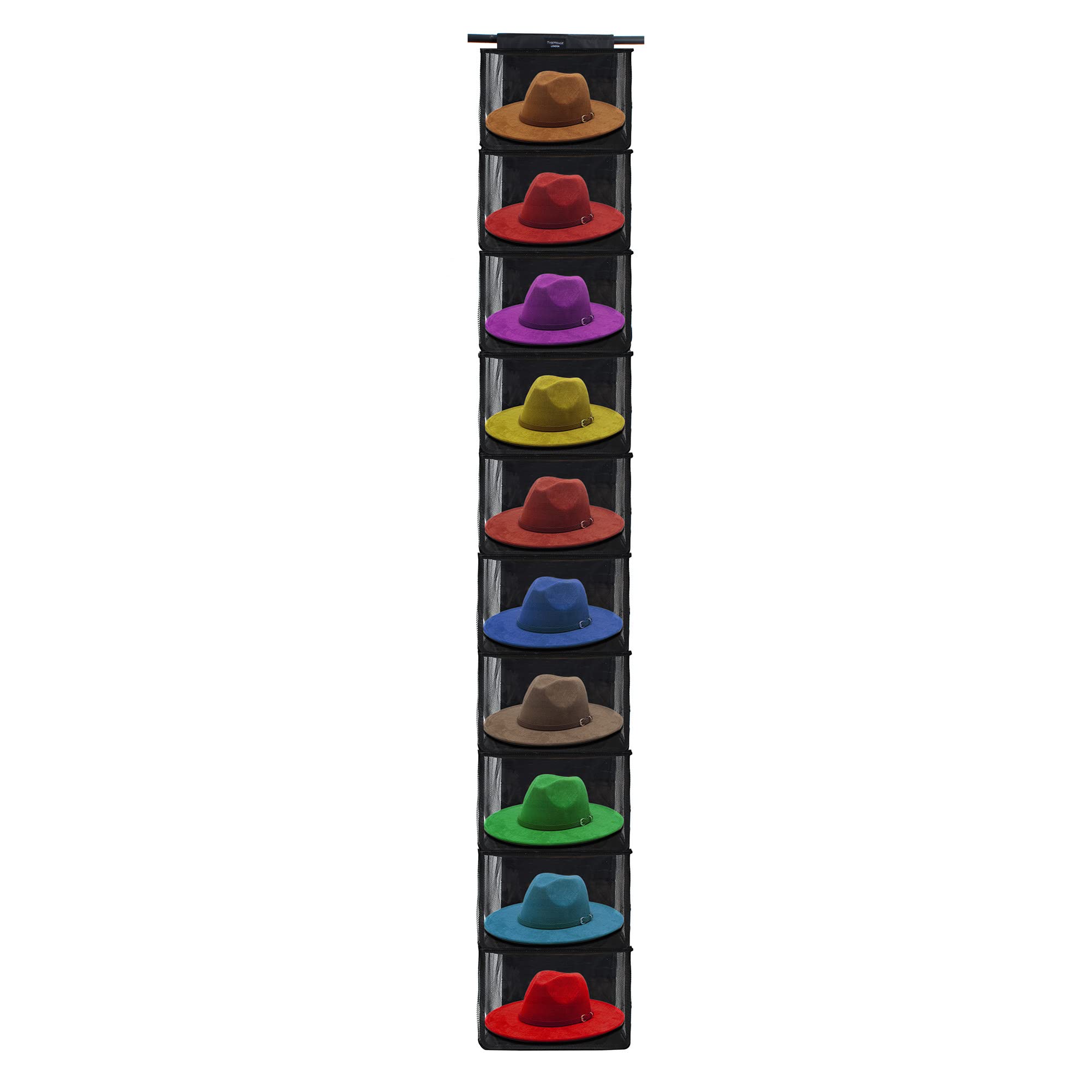 TreeHouse London XL Fedora Hat Rack with Dust Cover - Closet Hanging Cap Organizer for Men & Women - Pack of 2 Cowboy Hat Holders - Storage Shelf Organizer for Bowler & Wide Brim Hats - Perfect for Bedroom, Closet & Entryway Organization - Dustproof Hat Storage Solution