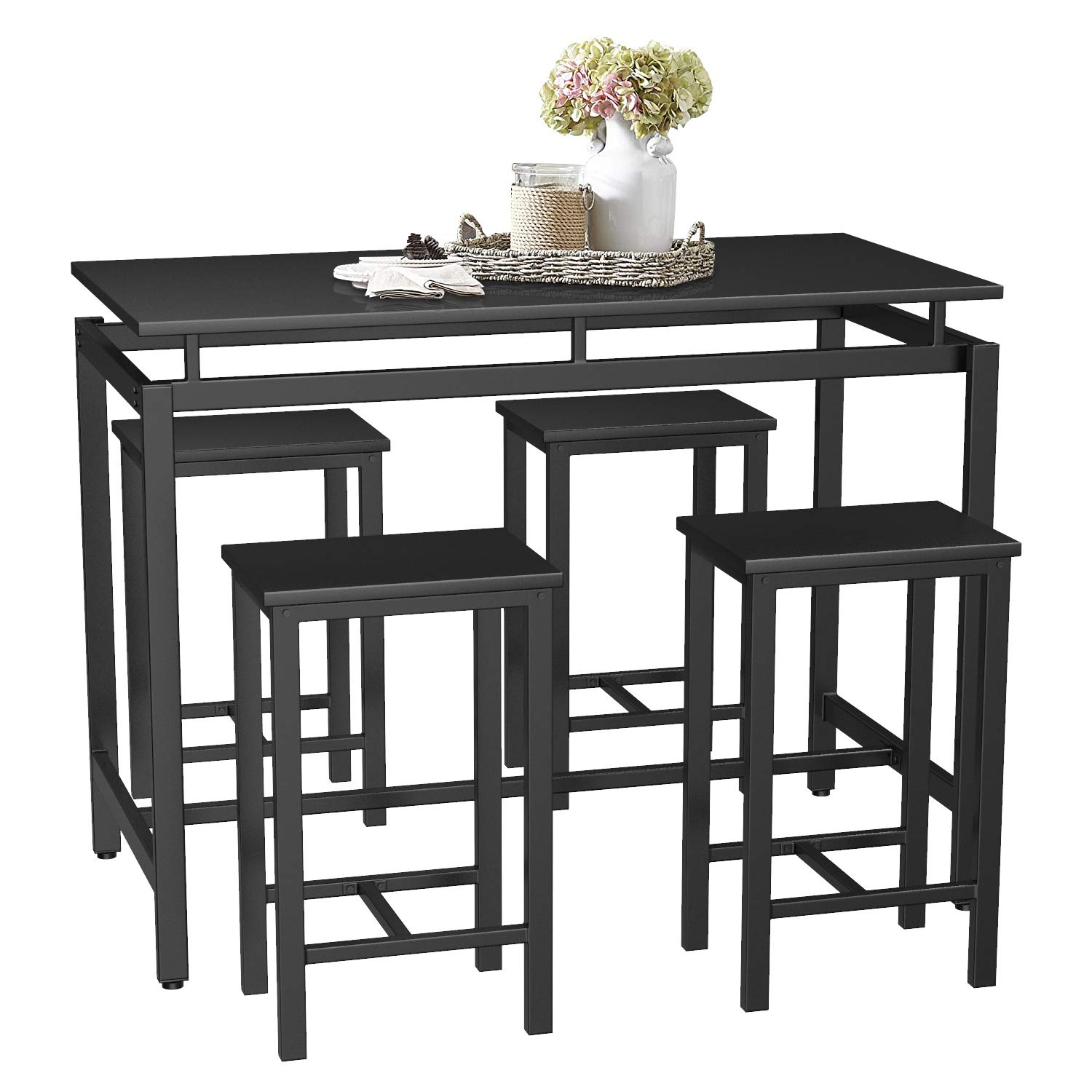 Modern Industrial 5-Piece Bar Table and Chair Set - Wooden Counter Height Dining Table with 4 Stools for Kitchen, Pub & Restaurant (Black) | Space-Saving Home Bar Furniture for Small Spaces & Entertaining