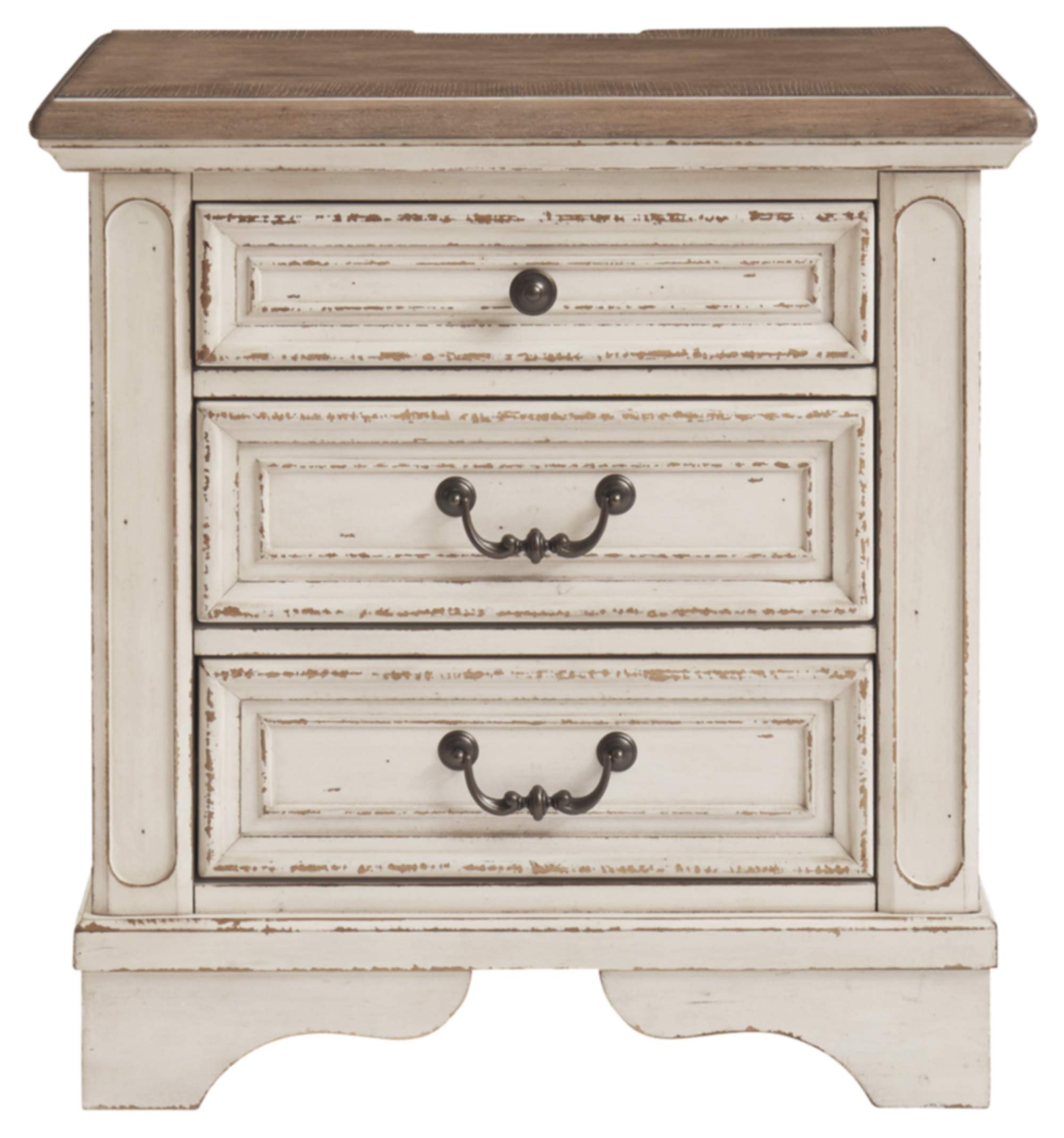 Signature Design by Ashley Realyn French Country 7-Drawer Dresser & 3-Drawer Nightstand Set in Chipped White - Two-Tone Finish with Built-in Electrical Outlets & USB Ports - Perfect for Bedroom Storage and Modern Charging Needs
