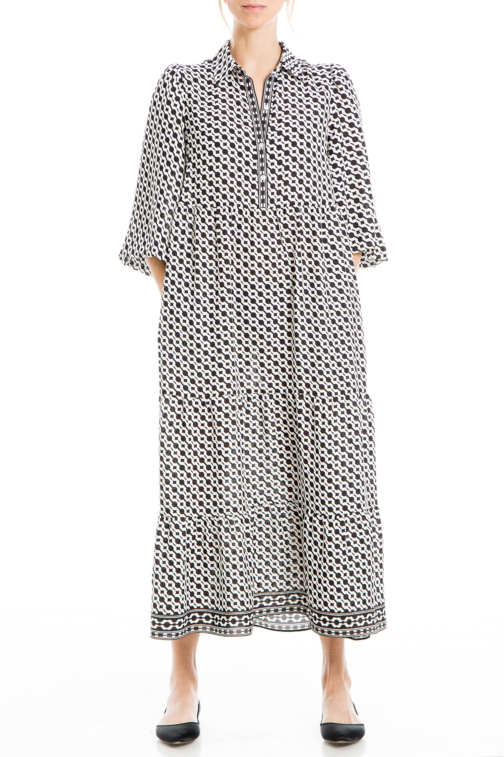 Max Studio Women's 3/4 Sleeve Button Down Tiered Maxi Dress with Collar - Elegant Flowy Summer Dress for Beach, Wedding & Casual Wear