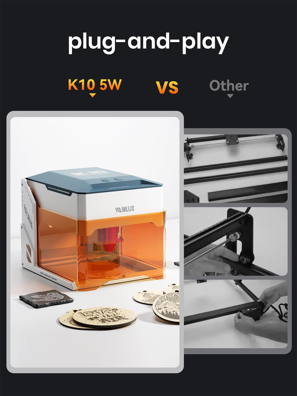 WAINLUX K10 5W Laser Engraver & Cutter Machine - Portable 5000mW for Wood, Leather, Metal, Silicone, Paper, Glass, Cloth | Class 1 Safety | Compatible with Windows & Mobile | DIY Projects, Home Decor, Personalized Gifts & Crafting