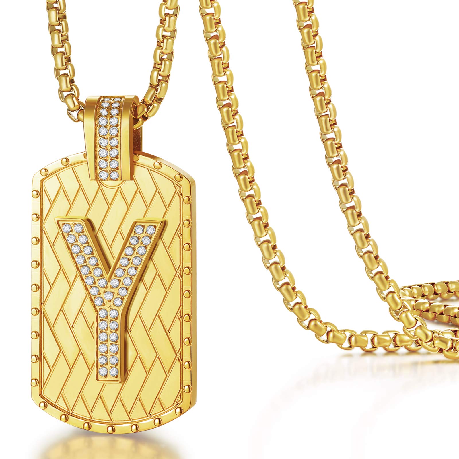 ETEVON Gold Plated Initial Necklace - 18K Gold Stainless Steel Large Letter Pendant with Square Chain, Hip Hop Jewelry for Men & Women | Perfect Birthday Gift for Husband, Boyfriend, Son, Father's Day Present | Great for Parties, Date Nights and Special Occasions