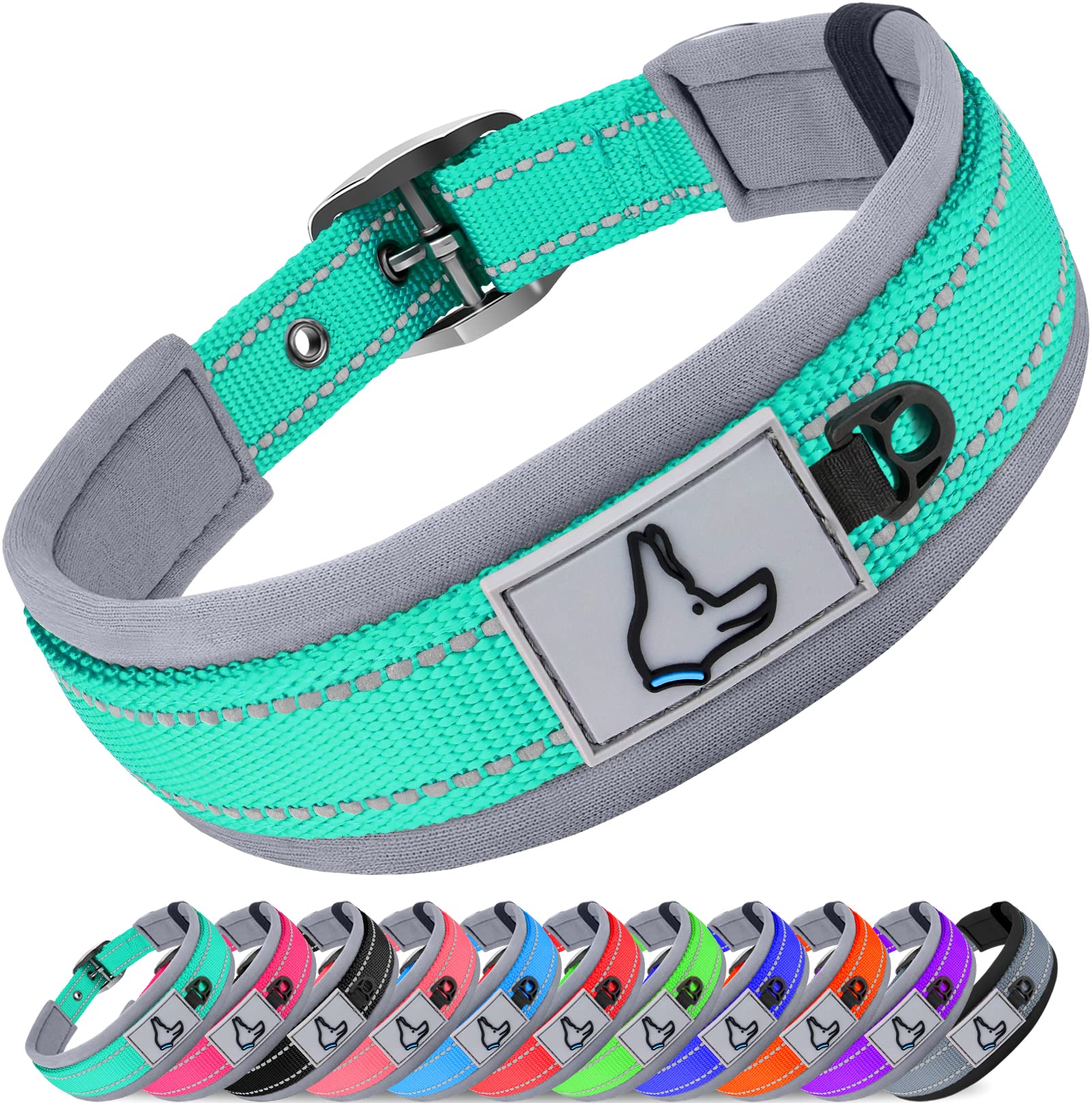 Joytale Neoprene Padded Adjustable Reflective Dog Collar for Medium Dogs - Heavy Duty Pet Collar with Durable Metal Buckle - Perfect for Walking, Training & Outdoor Adventures (Teal, Size M)