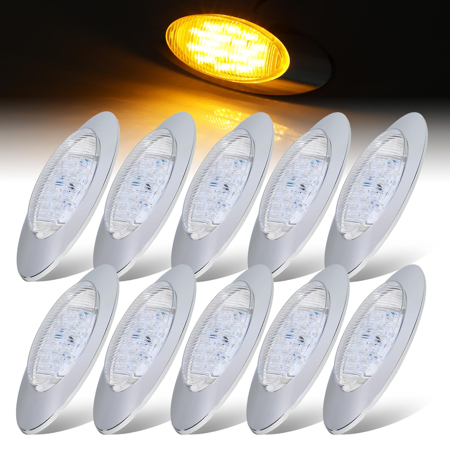 6.5 Inch Clear Lens Amber LED Side Marker Light with Chrome Bezel - 16 LED Clearance Lamp 12V DC for Trailer, Caravan, Pickup & Tow Truck - Durable & Bright Safety Lighting [Pack of 10] - Perfect for Night Driving, Road Visibility & Vehicle Compliance