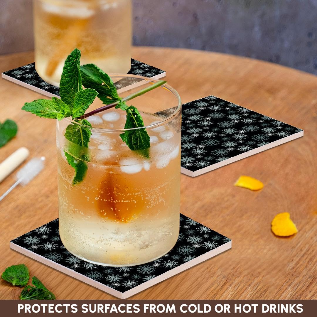 3D Rose Snowflakes on Black - Set of 4 Ceramic Tile Coasters for Drinks, Perfect for Christmas Decor, Home Bar, and Party Use