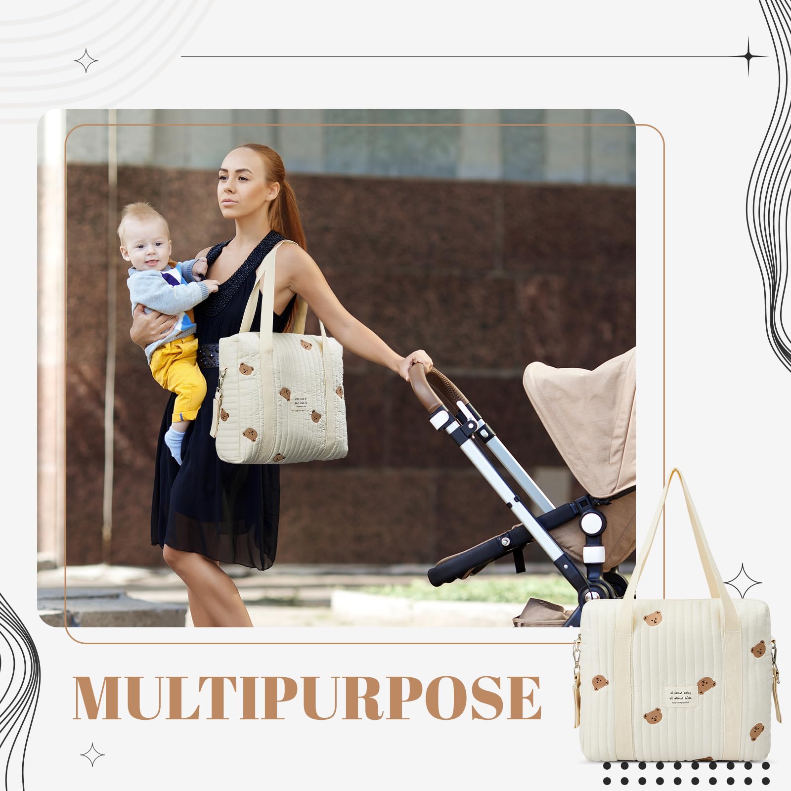 Paterr 2-Pack Quilted Cotton Diaper Bags for Women - Multifunctional Maternity Tote with Multiple Sizes - Stylish Baby Essentials Organizer for Travel, Shopping & Daily Use