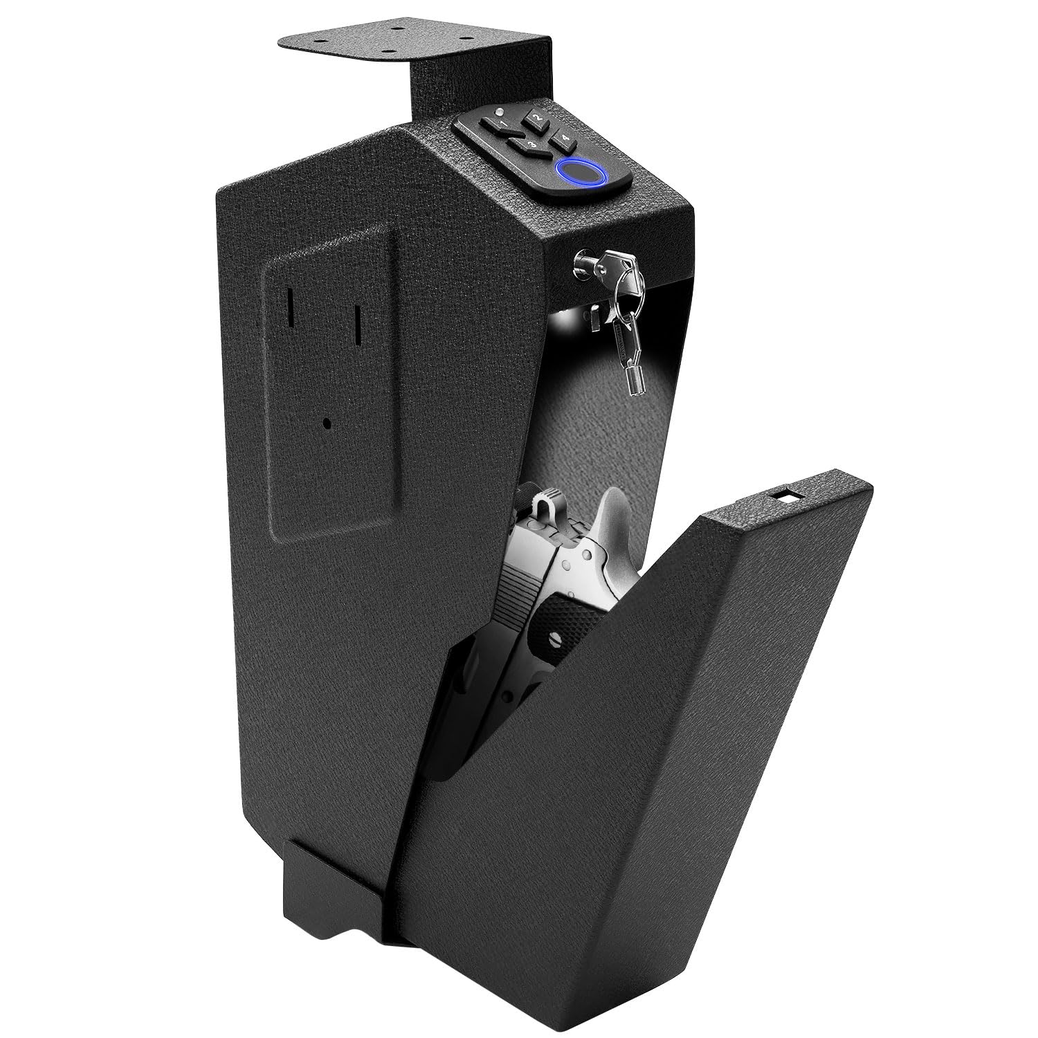 Biometric Nightstand Handgun Safe with Fingerprint, Passcode & Key - Quick Access 3 Ways | Mounted Gun Safe for Pistols & Revolvers | Perfect for Desk, Bedside, Nightstand & Cabinet Storage