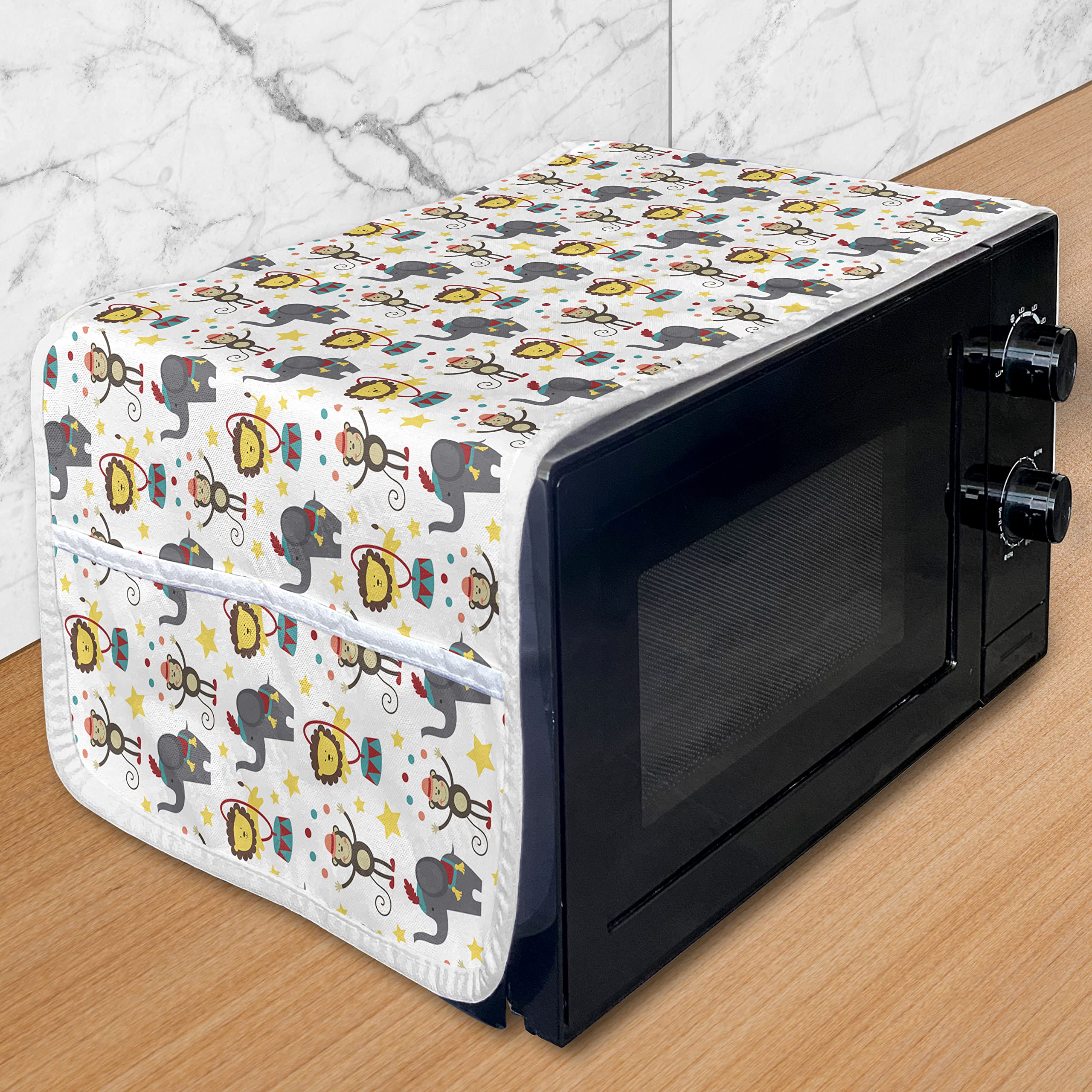Ambesonne Cartoon Microwave Cover - Happy Circus Lion & Monkey Animals Juggling Stars Design, Water-Resistant Kitchen Organizer with Pockets, 36