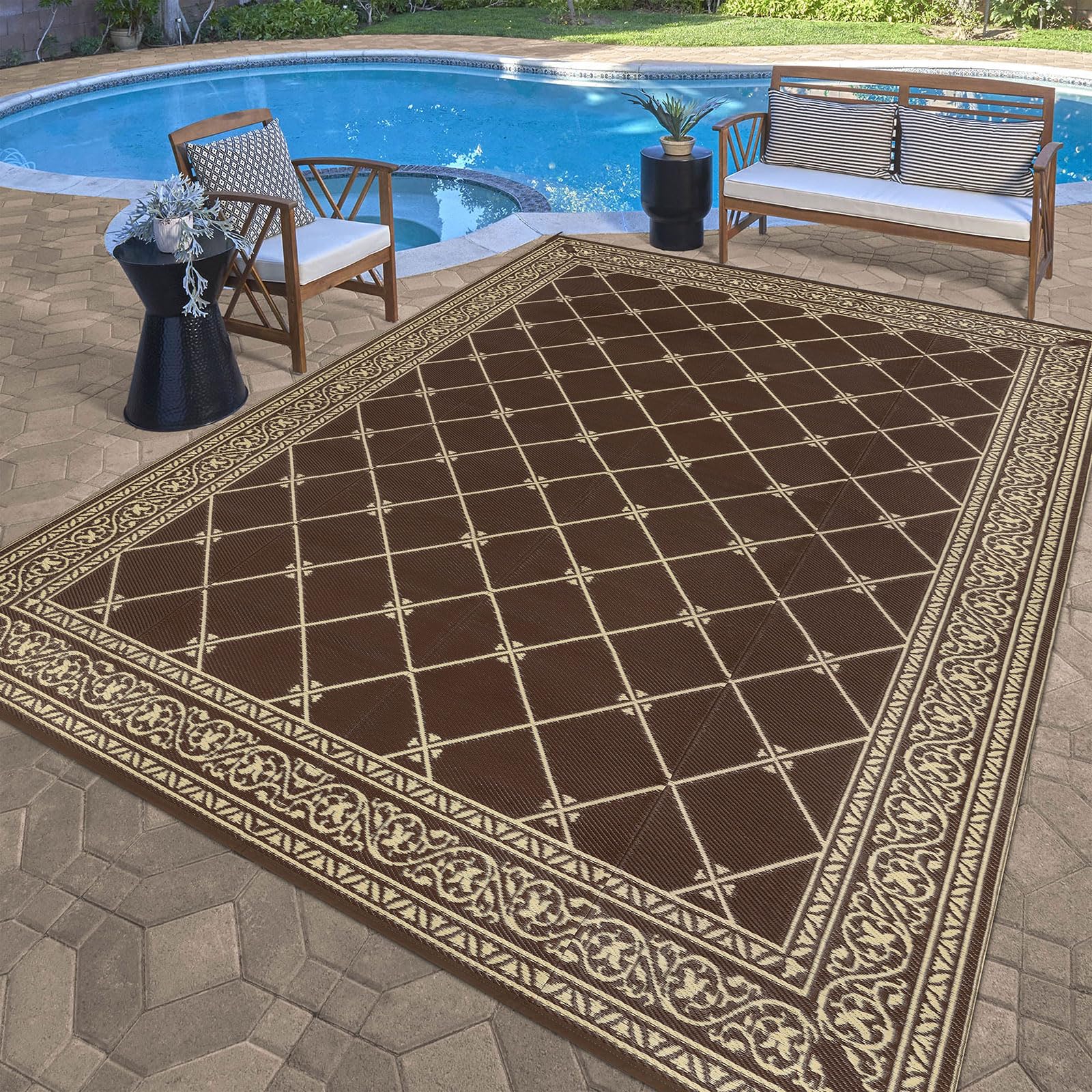 HiiARug Reversible 5'x7' Outdoor Rug - Durable Plastic Straw Patio Mat for Camping, RV, Deck, Backyard, Beach & Picnic - Waterproof & Easy to Clean - Perfect for Outdoor Entertaining & Relaxation (Brown)