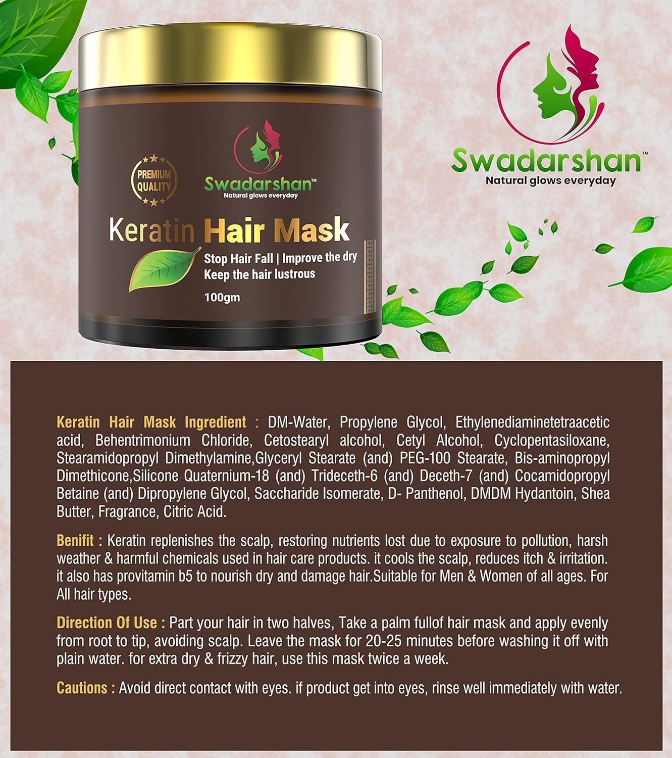 Swadarshan Keratin Smooth Hair Mask for Hair Growth & Repair - Deep Conditioning Treatment for Dry, Damaged, Frizzy Hair - Professional Hair Care for Smoother, Stronger Strands - Perfect for Daily Use, Salon Treatments & At-Home Hair Care (SDHM_Pack_01)