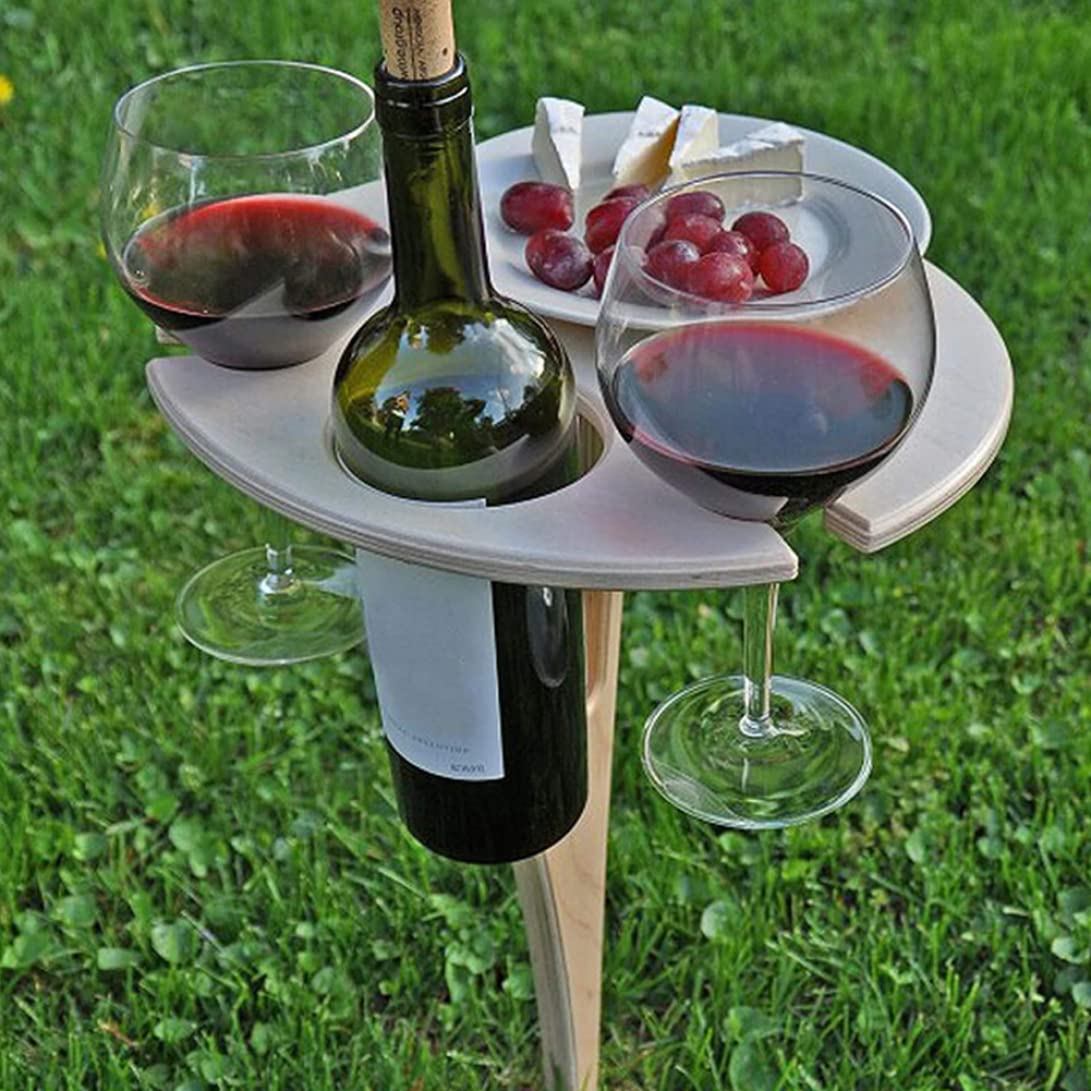 Portable Folding Picnic Table with Double Layer Wine Glass Rack - Outdoor Dining Set for Garden, Camping, Beach & Travel - Khaki Color