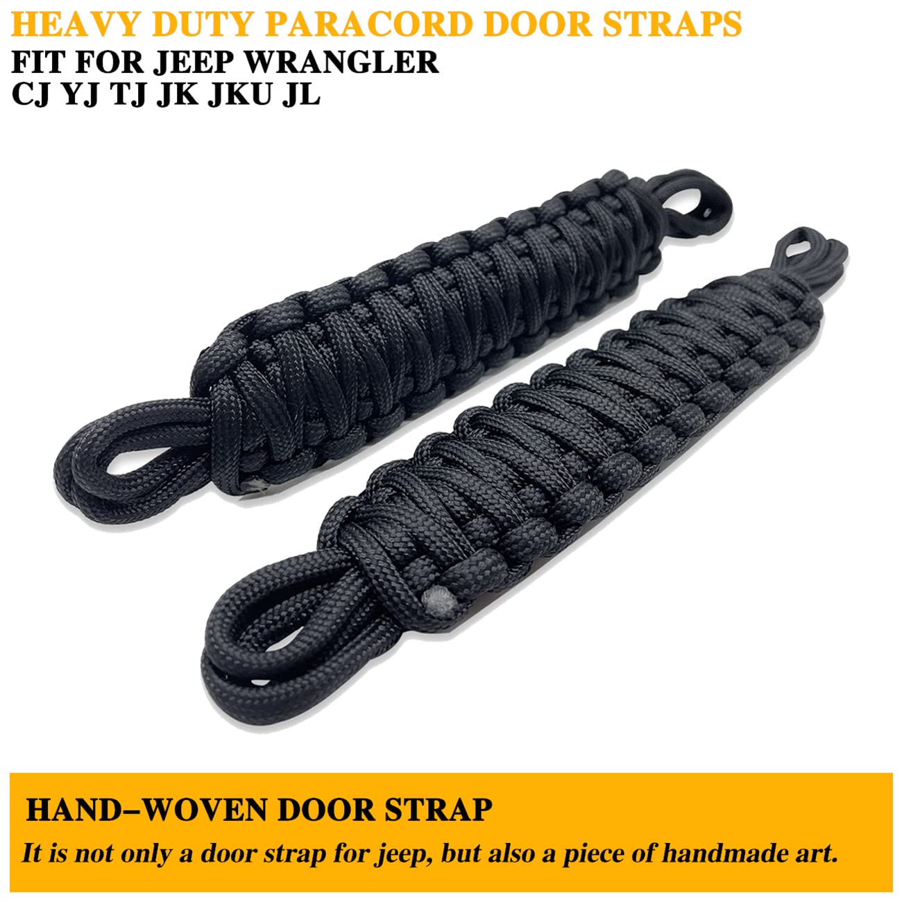 Heavy Duty Paracord Door Strap for Jeep Wrangler CJ YJ TJ JK JKU JL - 2PCS Black Hand Woven Limit Straps - Perfect for Off-Roading, Camping & Jeep Accessories