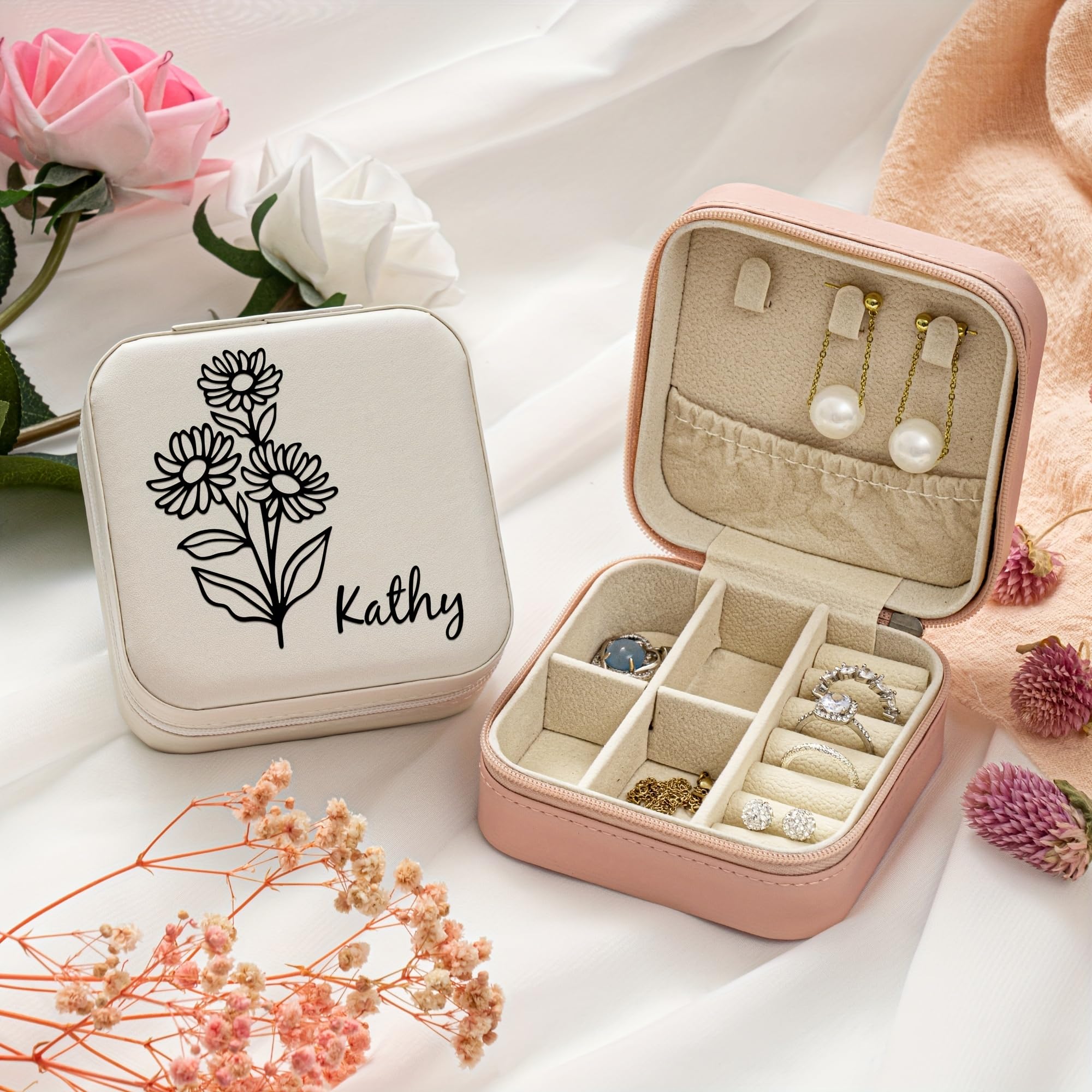 Personalized Leather Jewelry Storage Box with Birth Month Flowers - Custom Birthday Gift Box for Women | Jewelry Organizer & Display Case for Necklaces, Rings & Earrings | Perfect Birthday, Anniversary & Mother's Day Present