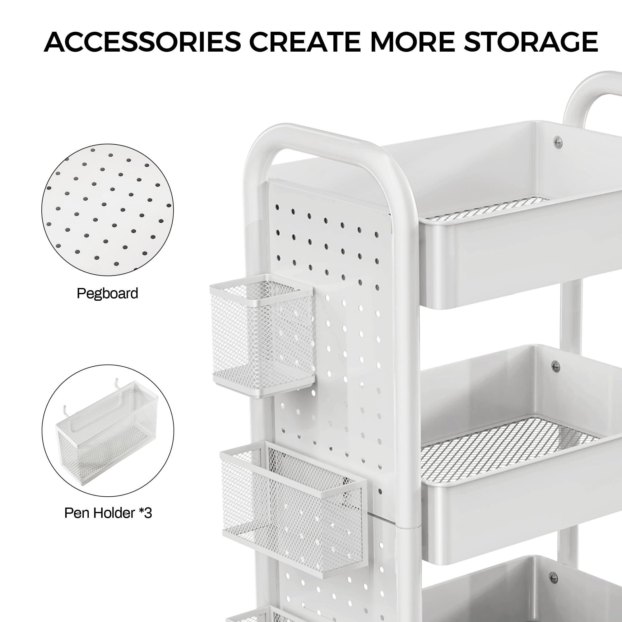 DESIGNA 3-Tier Rolling Utility Cart with Handle - Metal Storage Cart with Removable Pegboard & 3 Accessories - Easy Assembly Organizer for Kitchen, Bathroom, Office, Craft Room - White (Perfect for Home Organization & Mobile Storage Solutions)