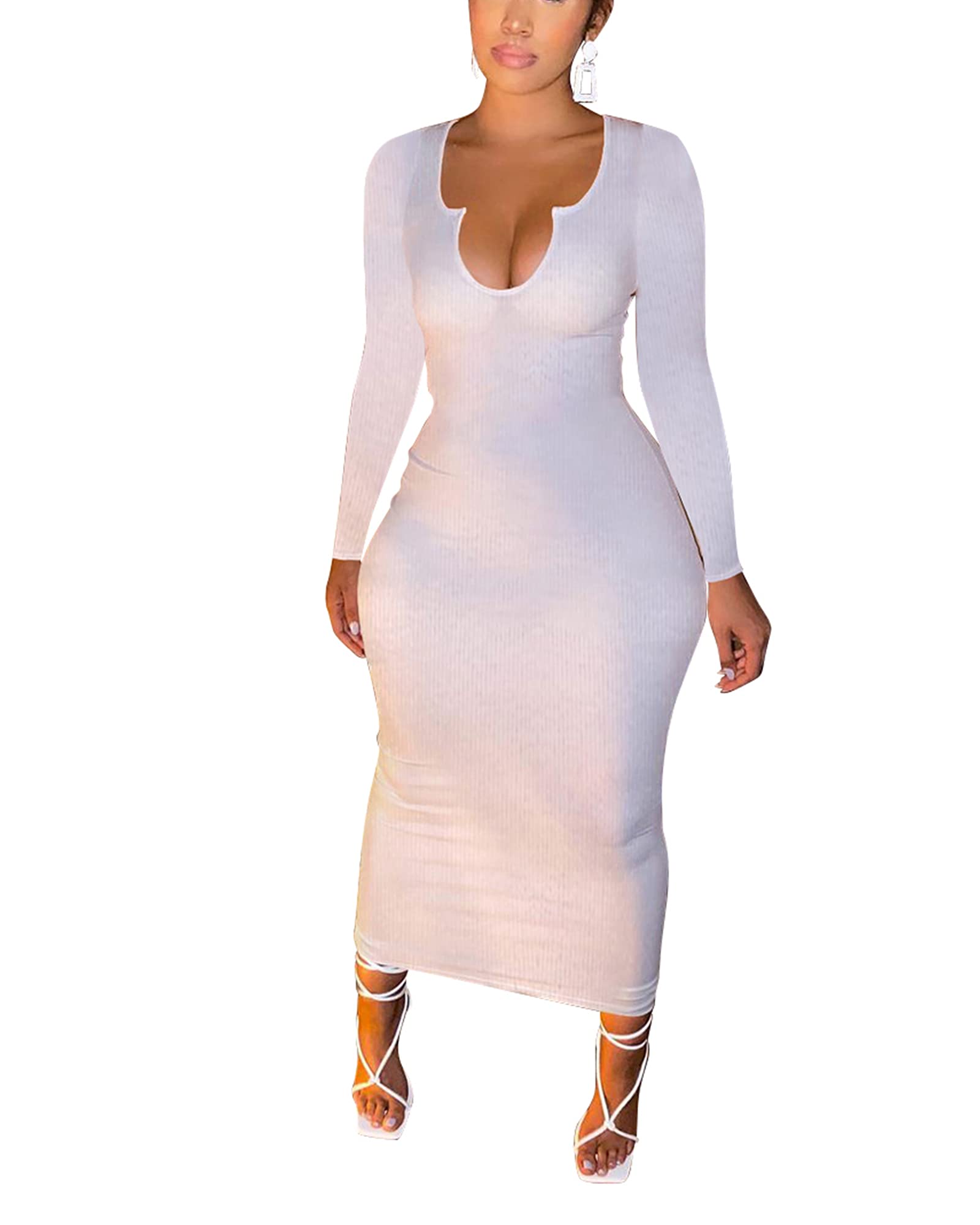Sexy Women's Two Piece Skirt Outfit - Long Sleeve/Sleeveless V Neck Bodycon Ribbed Knit Maxi Dress for Club, Party & Date Night | Elegant Evening Wear & Night Out Fashion