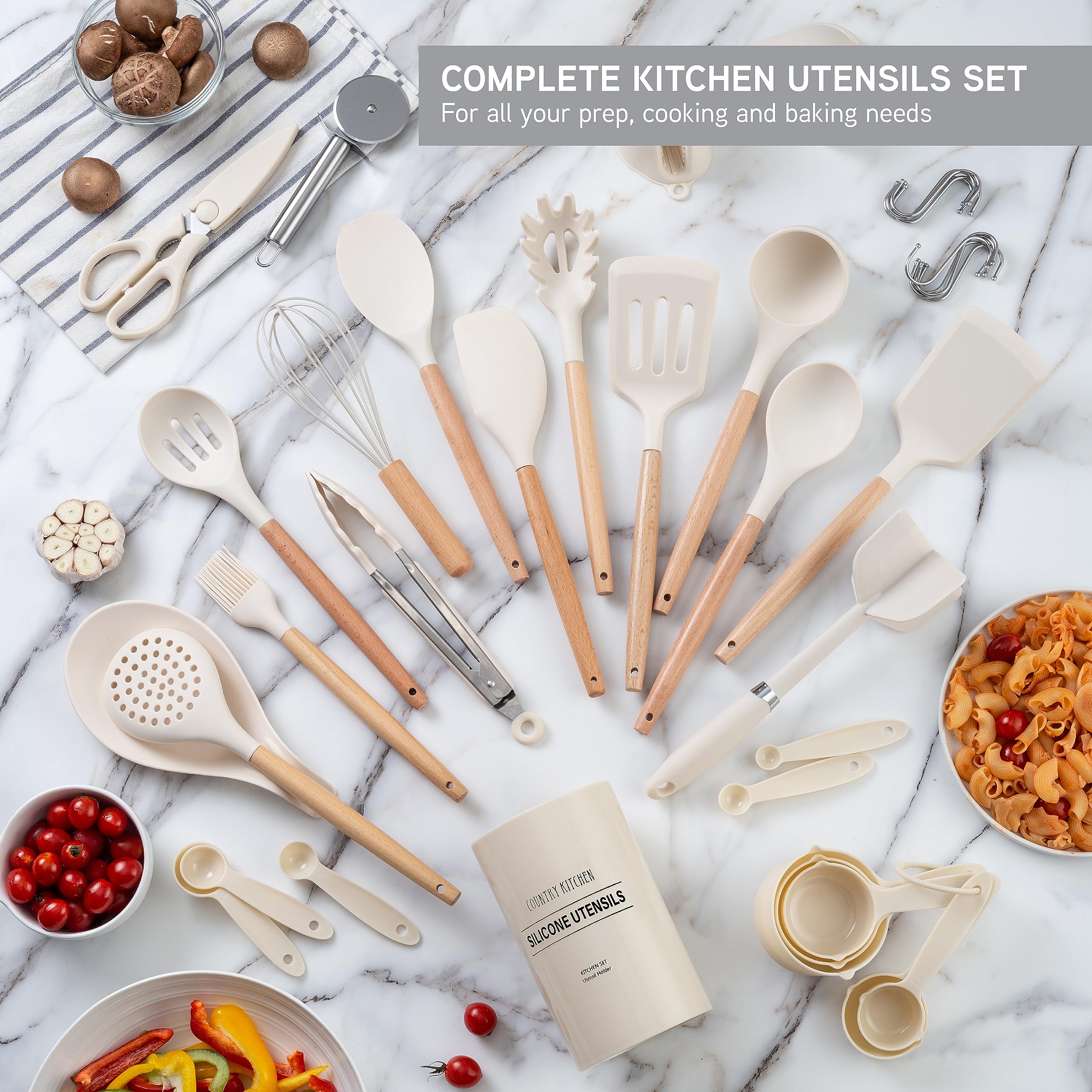 Non-Stick Silicone Cooking Utensil Set with Wooden Handles - 38-Piece Kitchen Tool Set for Baking, Frying & Stirring - Country Style Khaki Utensils for Home Chefs & Professional Cooks | Perfect for Everyday Cooking, Meal Prep & Gift Giving