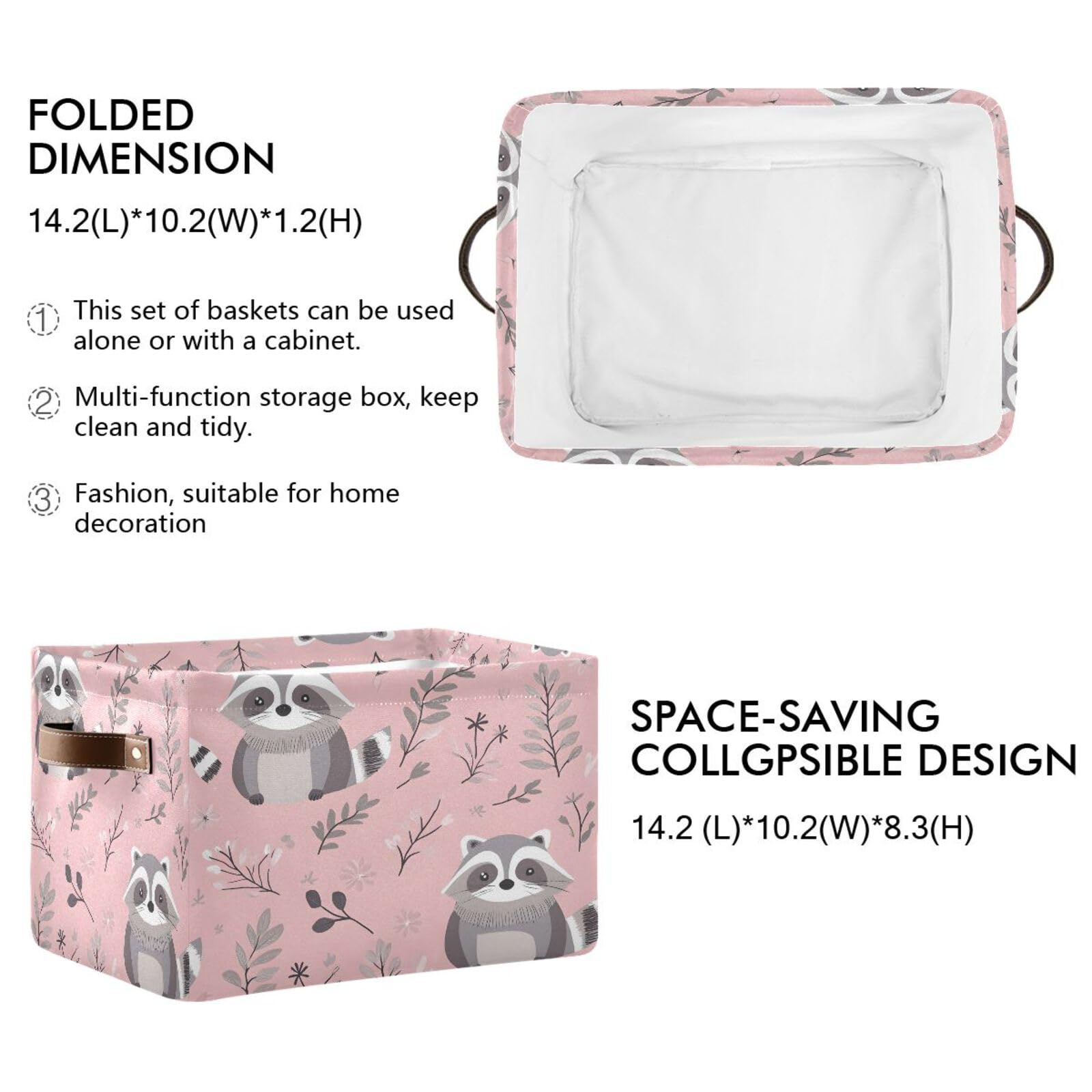 Cute Raccoon Storage Basket 2 Pack - Collapsible Canvas Rectangular Bin with Leather Handles for Closet, Office, Nursery | Home Organization & Decor for Kids Room, Laundry, Bathroom Storage