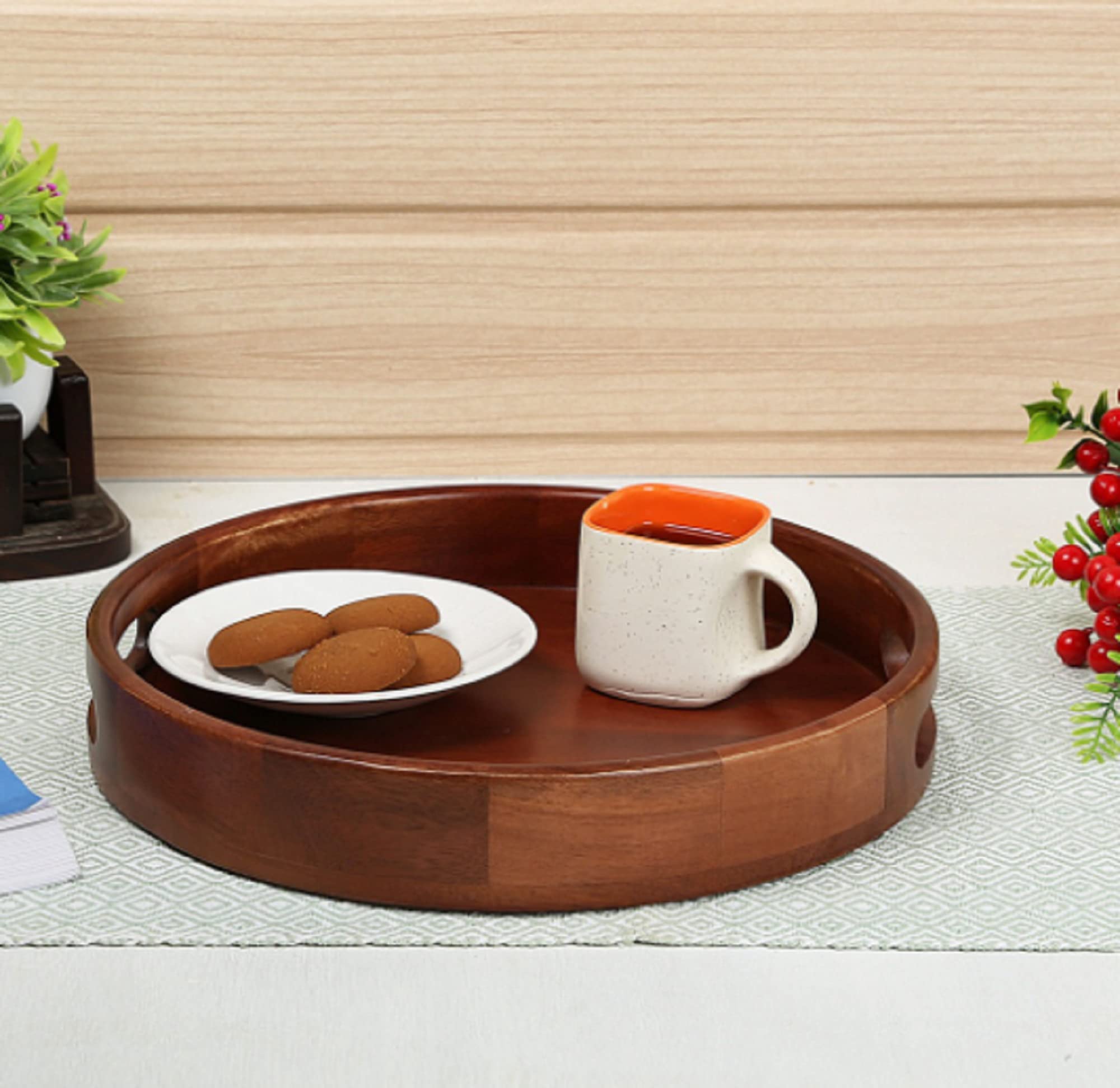 Rosewood Round Wooden Serving Tray - Handcrafted Kitchen & Home Decor Accessory for Coffee, Snacks, Food | Perfect for Restaurants, Parties & Daily Use