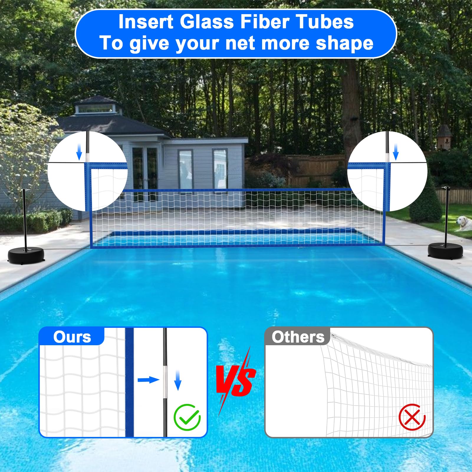Solar Powered Pool Volleyball Net Set with LED Lights - Portable Outdoor Volleyball Net for Inground Pools, Includes 2 Glowing Balls, Pump & Weighted Bases, Adjustable Length 15ft-32ft - Perfect for Backyard Parties, Beach Games & Summer Pool Fun