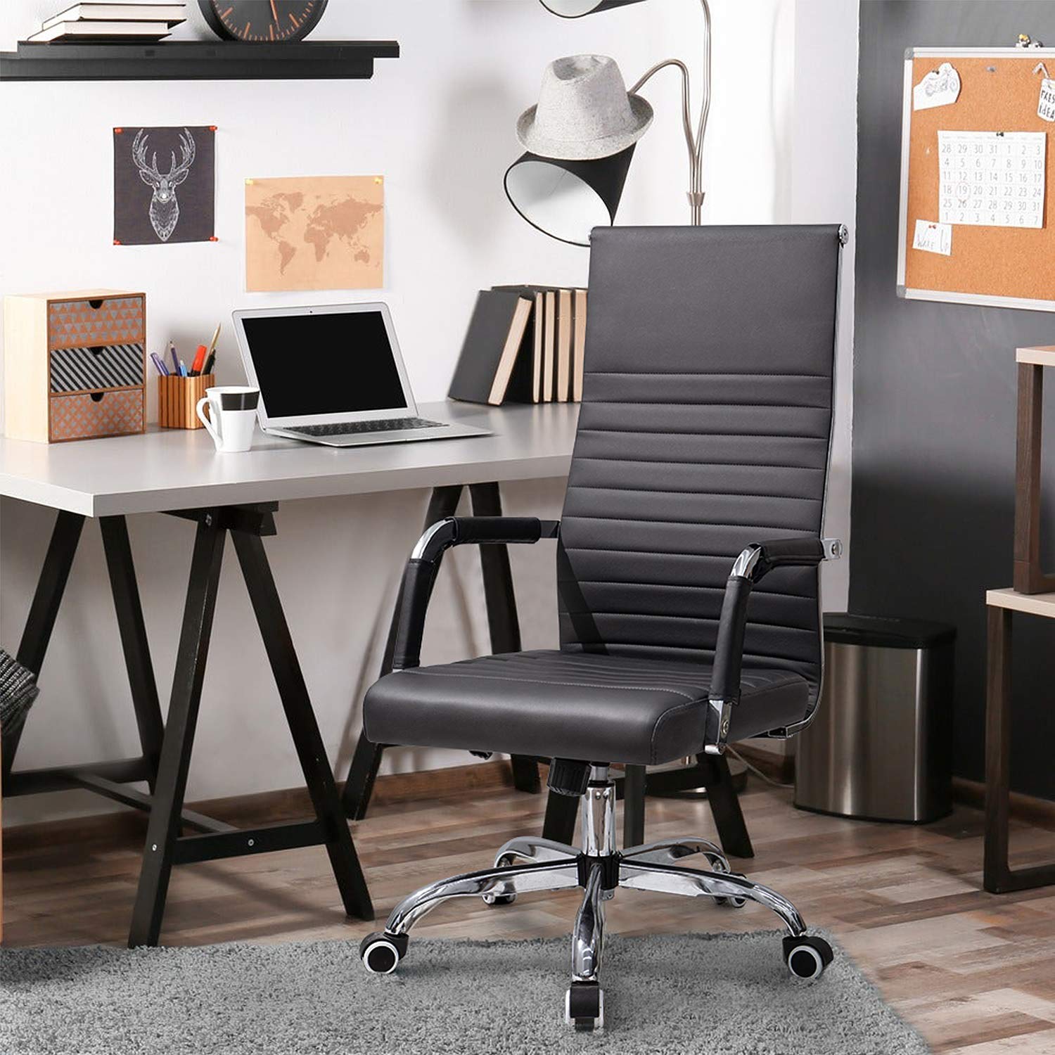 Ergonomic High Back Ribbed Office Chair - Adjustable PU Leather Desk Chair with Armrests, Swivel & Tilt Function for Home Office, Conference Room, Study or Leisure (Black) - Perfect for Long Work Sessions, Gaming & Remote Work