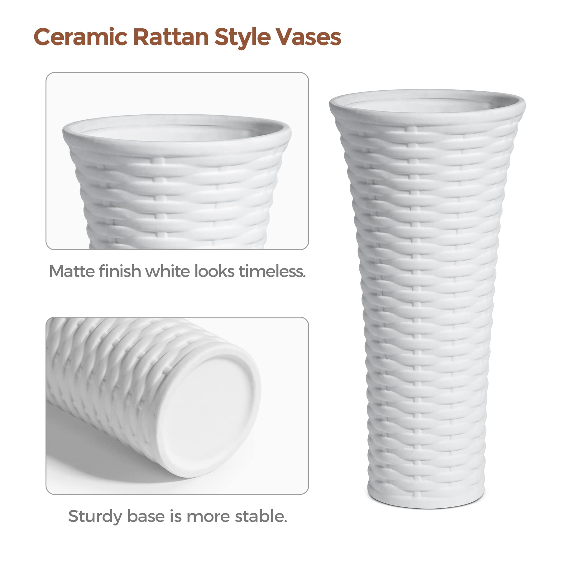 ComSaf 3-Piece White Ceramic Vase Set - Elegant Porcelain Flower Vases with Rattan Design for Home Decor | Perfect for Living Room, Wedding Centerpieces & Farmhouse Style Decor