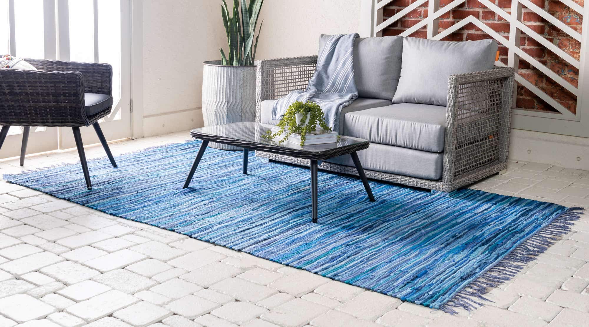 Unique Loom Handwoven Chindi Cotton Striped Area Rug - 9x12 Feet Navy Blue & Ivory - Natural Fiber Soft Floor Mat for Living Room, Bedroom, or Boho Home Decor