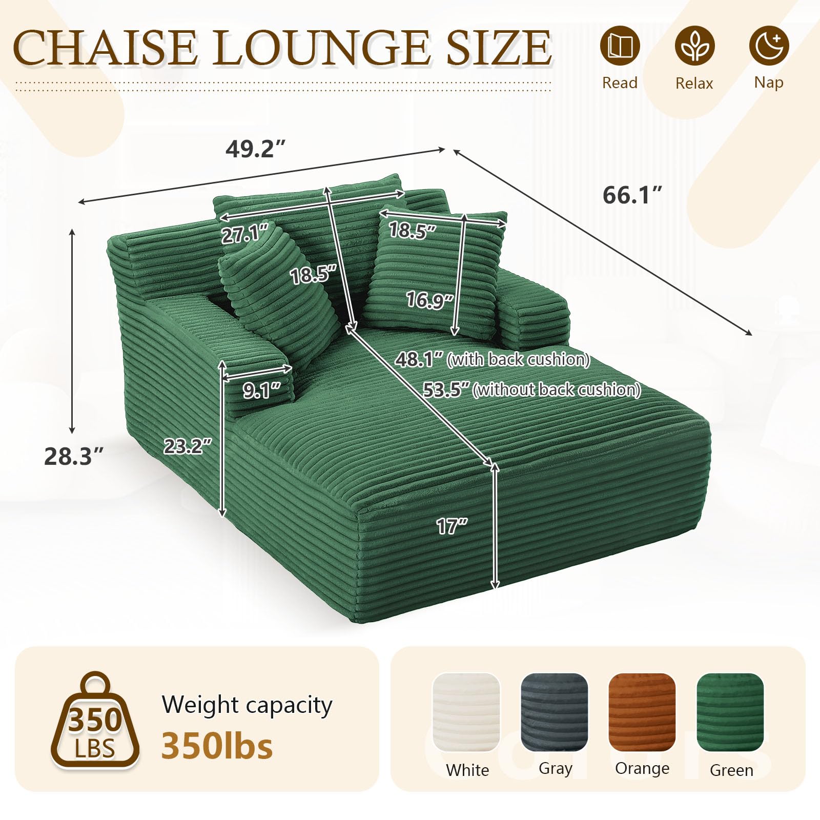Oversized Corduroy Chaise Lounge Sofa Bed with Throw Pillows & Armrests - Recliner Cloud Couch for Living Room, Bedroom, Home Office - Comfortable Sleeper Sofa for Relaxing, Napping & Entertaining Guests