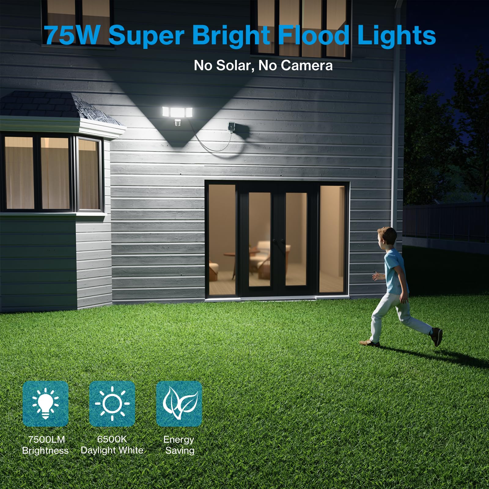75W Motion Sensor Outdoor Light Plug in - 7500LM LED Security Light with Dusk to Dawn & PIR Sensor, IP65 Waterproof, 6500K Bright White - Ideal for Garage, Yard, Patio, Eave (Black) | Perfect for Home Security & Nighttime Illumination