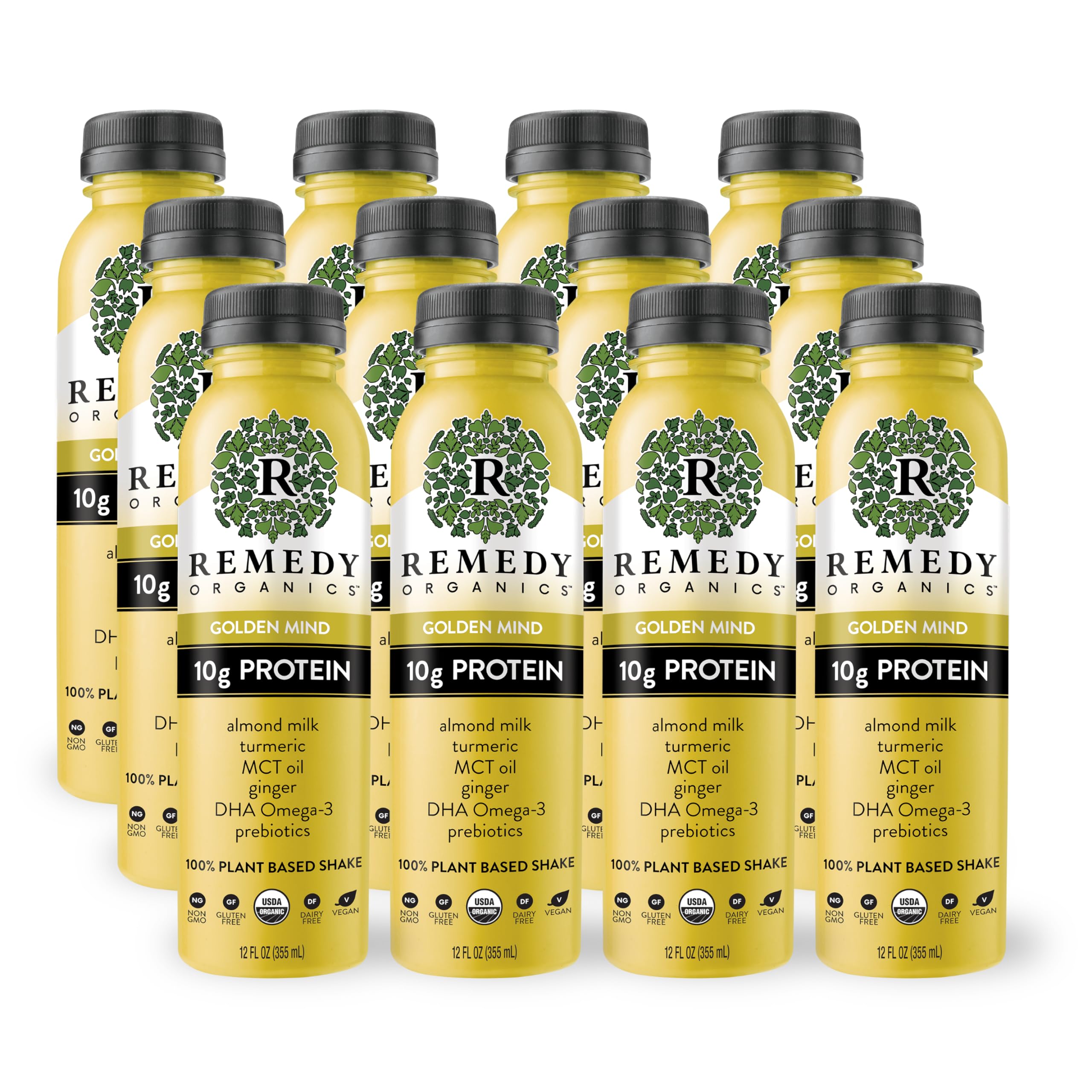 Remedy Organics Golden Mind 12-Pack | USDA Organic Plant-Based Protein Shakes | Ready to Drink, Gluten Free, Dairy Free, Soy Free | Perfect for Post-Workout Recovery & Healthy On-the-Go Nutrition