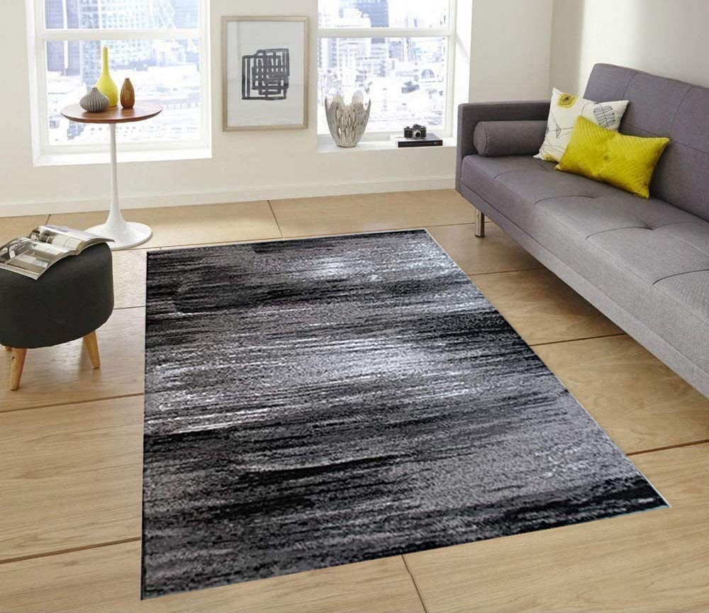 Champion Modern Abstract Brush Stripes Plush Area Rug - Soft Grey & Black 5’3”x7’5” - Perfect for Living Room & Dining Room Decor